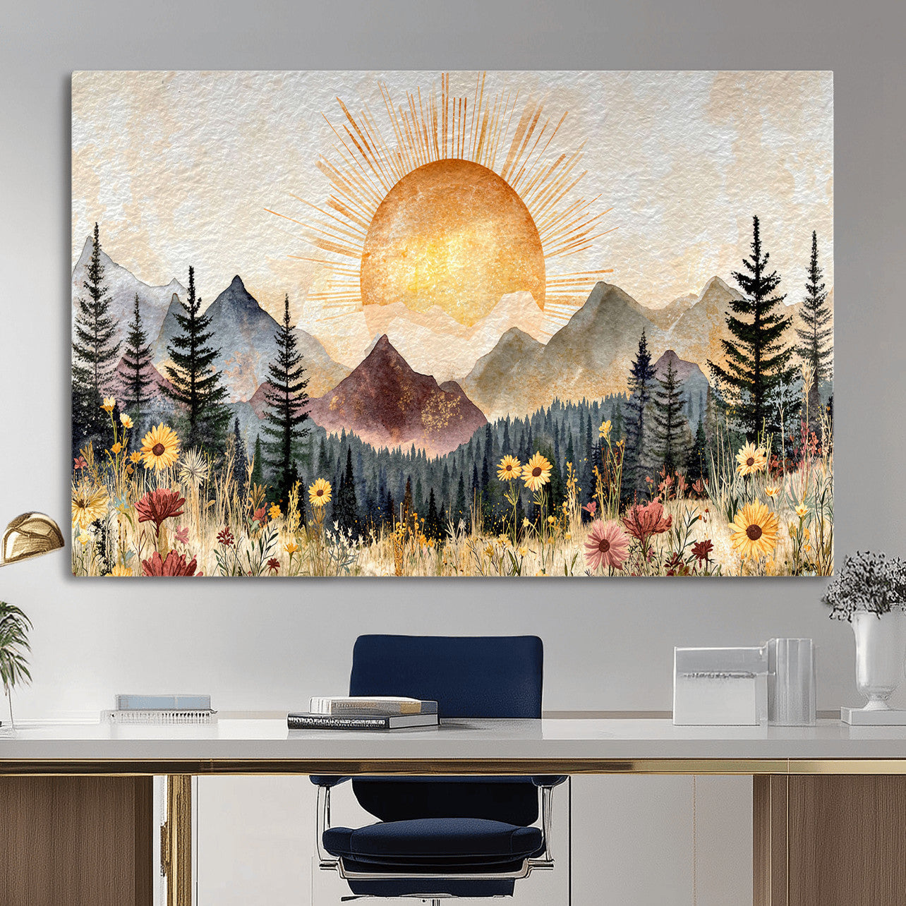 69025244-MGV-CV-36X24 - Boho Mountain Landscape Large Wall Art, Horizontal Gold Framed Canvas Print with Sun and Flowers