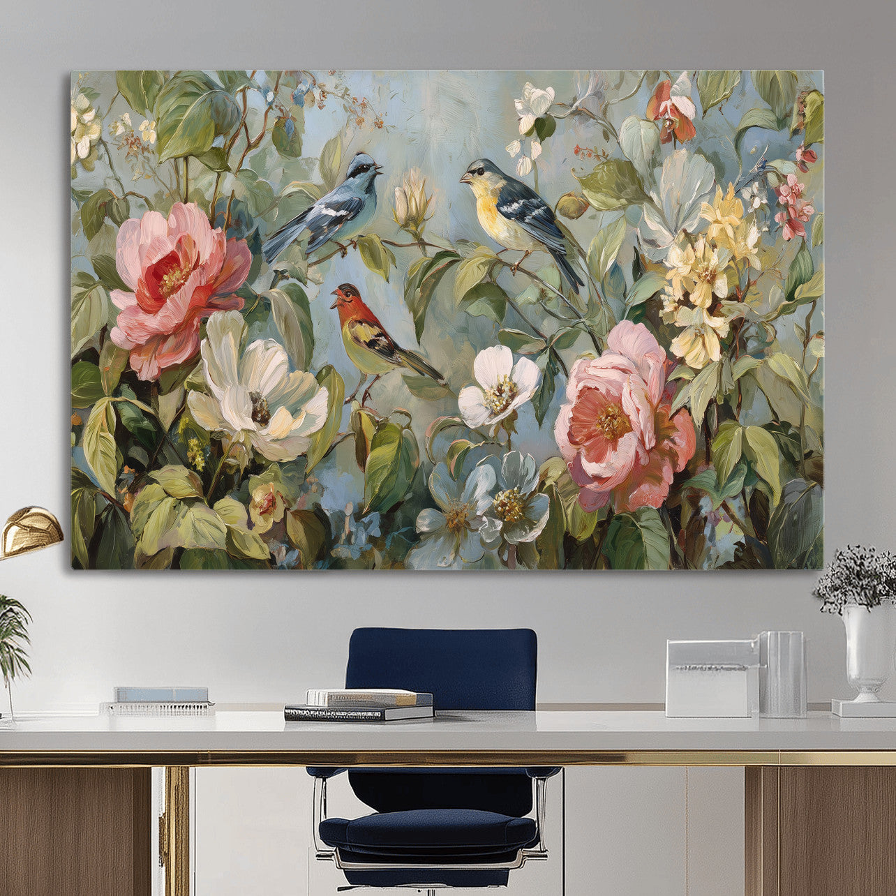 55440837-MGV-CV-36X24 - Vintage Birds and Flowers Wall Art Canvas Print, Botanical Bird Painting Canvas Print, Floral Garden Bird Artwork Canvas Print, Classic Bird Flower Painting Canvas Print