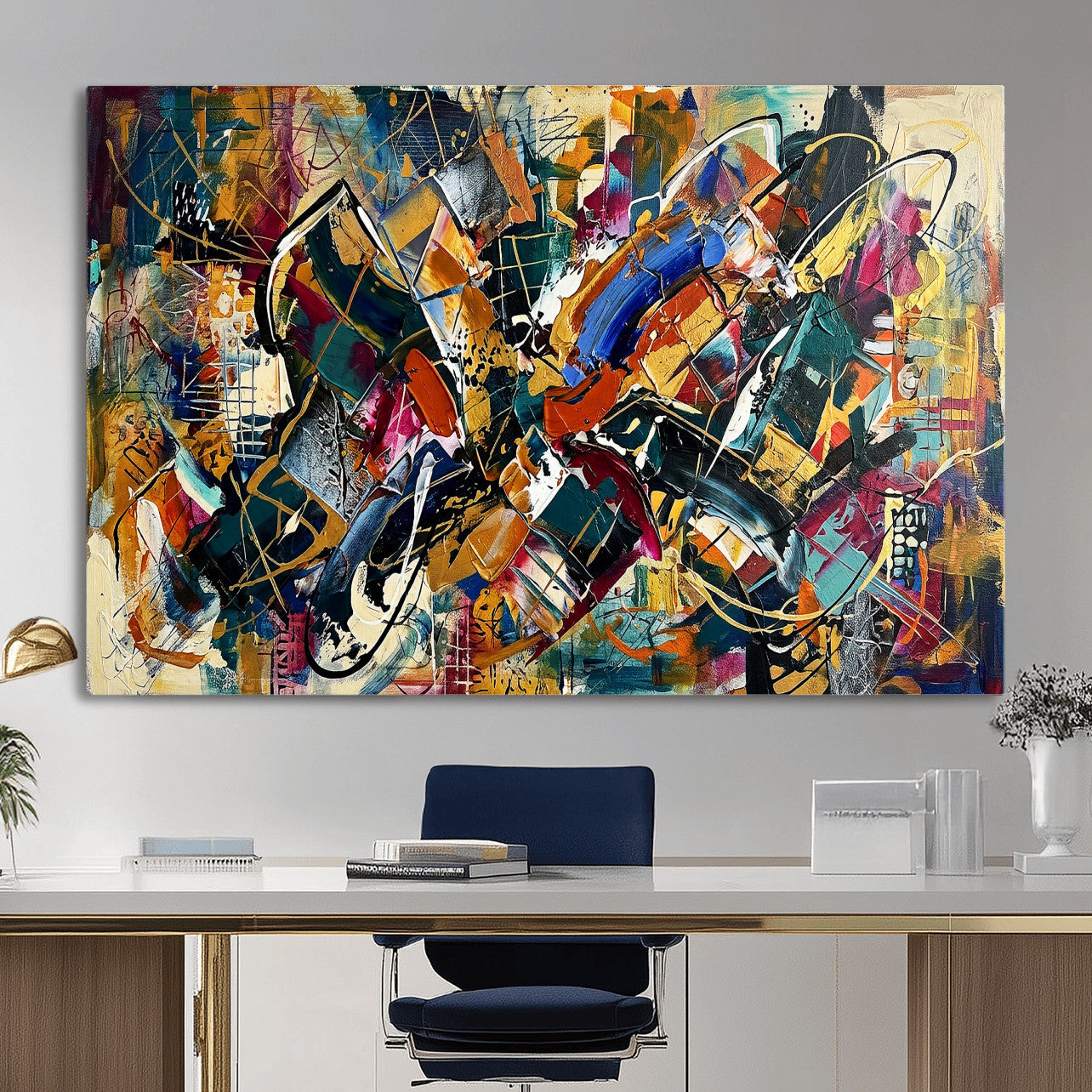 15525527-MGV-CV-36X24 - Geometric Abstract Wall Art Canvas Print, Orange Blue Abstract Expressionist Painting Print, Modern Geometric Abstract Canvas Art
