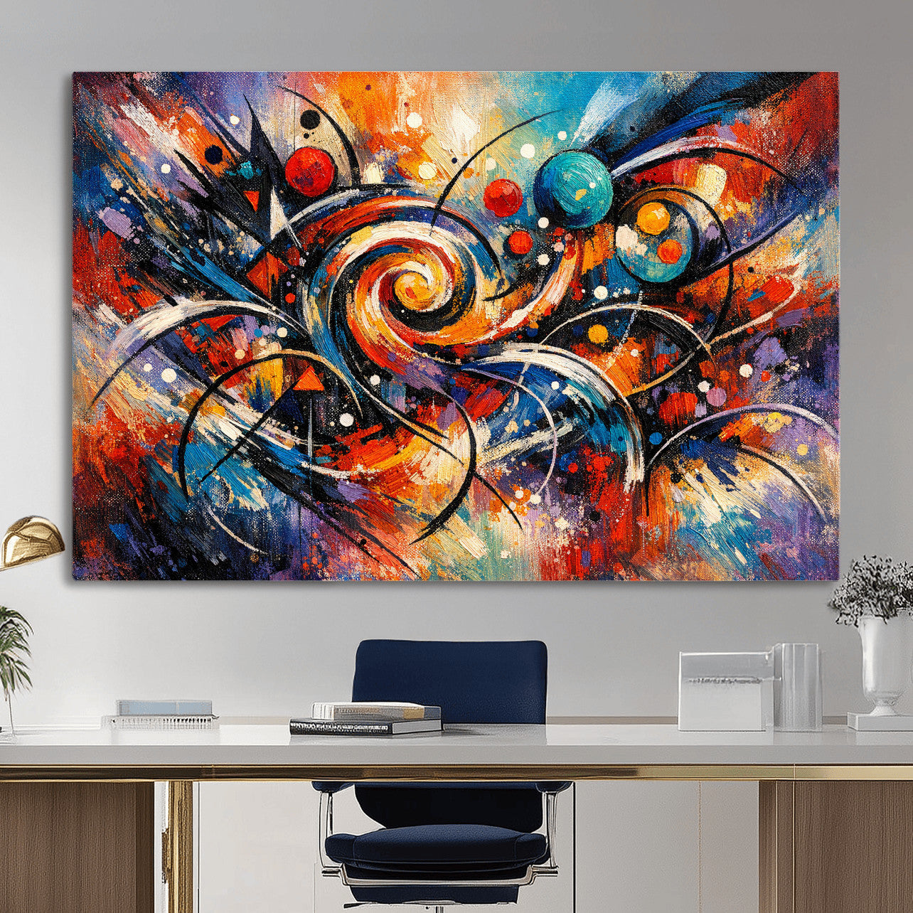 60193267-MGV-CV-36X24 - Geometric Abstract Wall Art Canvas Print, Orange Blue Abstract Expressionist Painting Print, Modern Geometric Abstract Canvas Art