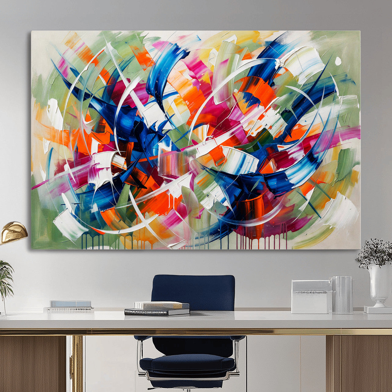 15032888-MGV-CV-36X24 - Geometric Abstract Wall Art Canvas Print, Orange Blue Abstract Expressionist Painting Print, Modern Geometric Abstract Canvas Art