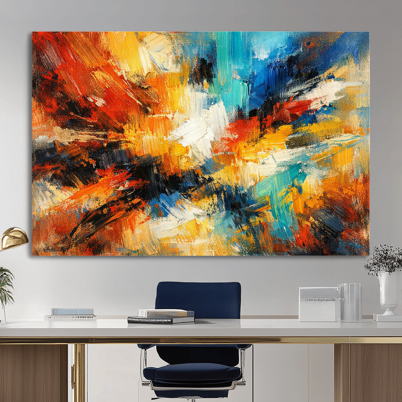 93167583-MGV-CV-36X24 - Geometric Abstract Wall Art Canvas Print, Orange Blue Abstract Expressionist Painting Print, Modern Geometric Abstract Canvas Art