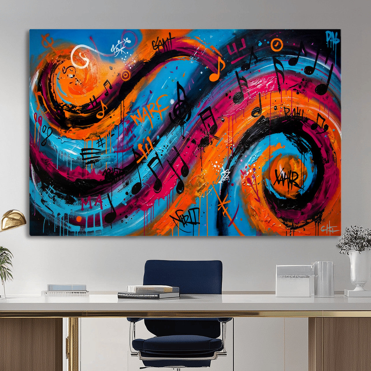 34936518-MGV-CV-36X24 - Geometric Abstract Wall Art Canvas Print, Orange Blue Abstract Expressionist Painting Print, Modern Geometric Abstract Canvas Art
