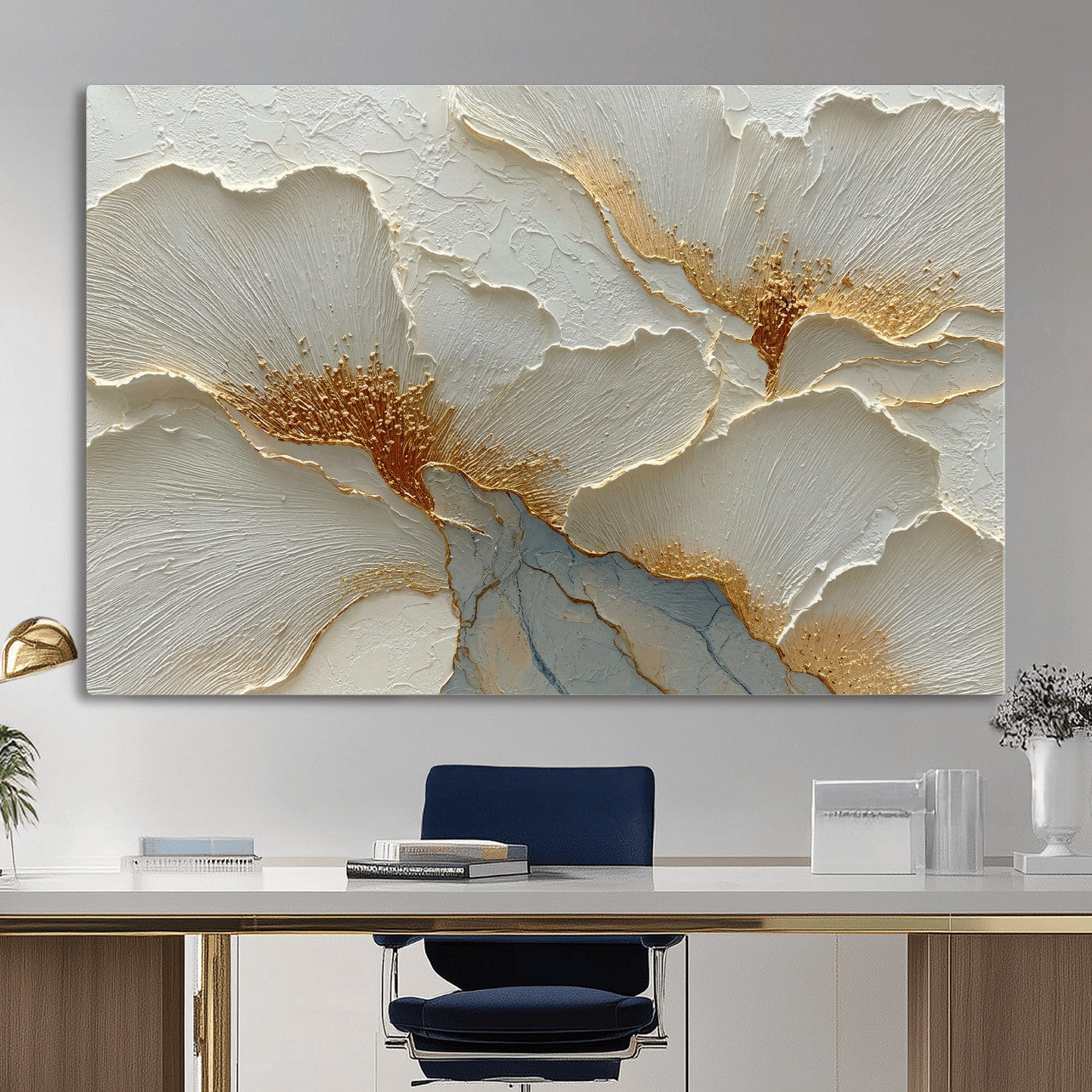 4712069F1-MGV-CV-36X24 - White Gold Floral Canvas Wall Art — Textured Flower Print | Luxury Botanical Decor | Elegant Bedroom Art | Gold Leaf Wall Art Gift