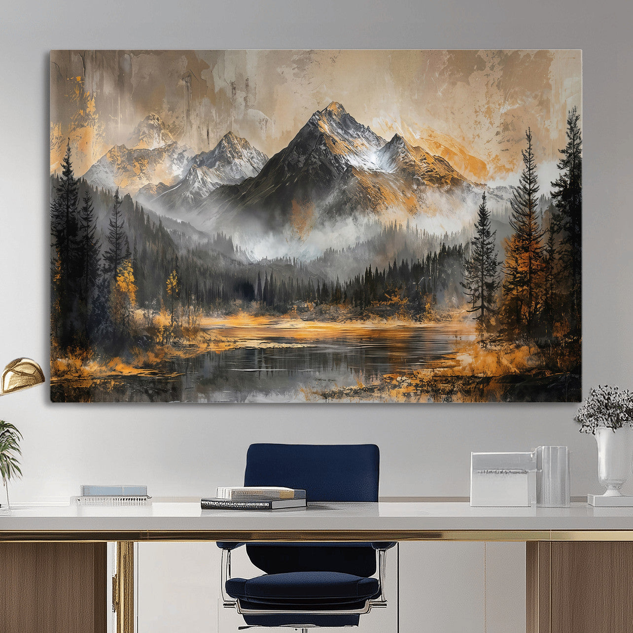 4712069D1-MGV-CV-36X24 - Mountain Lake Canvas Wall Art — Rustic Forest Landscape Print | Gold Grey Nature Decor | Cabin Wall Art | Large Wilderness Art Print Gift