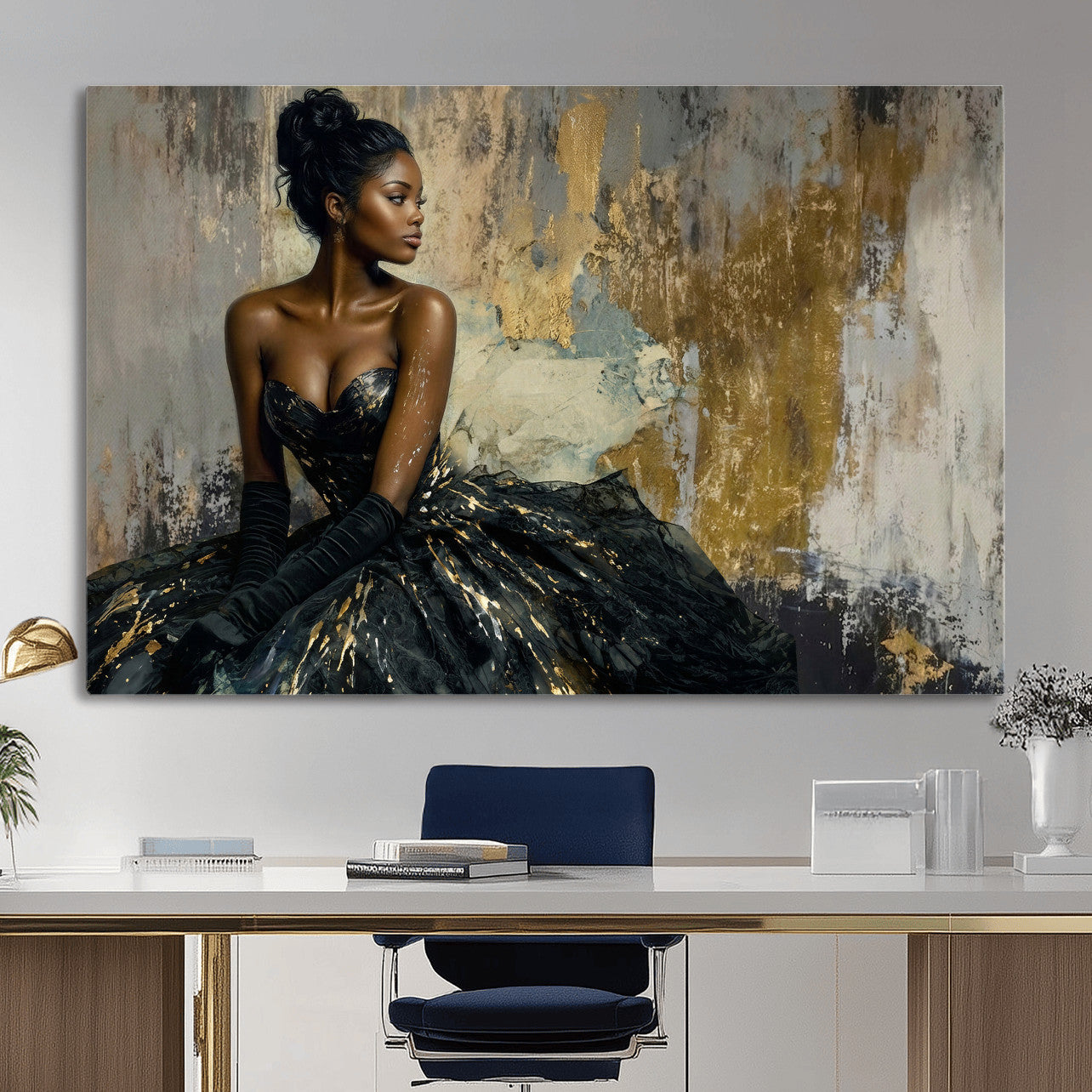 4712069Z1-MGV-CV-36X24 - Elegant Woman Canvas Wall Art — Black Gold Gown Fashion Print | Luxury Glam Wall Decor | African American Art | Bold Bedroom Wall Art Gift