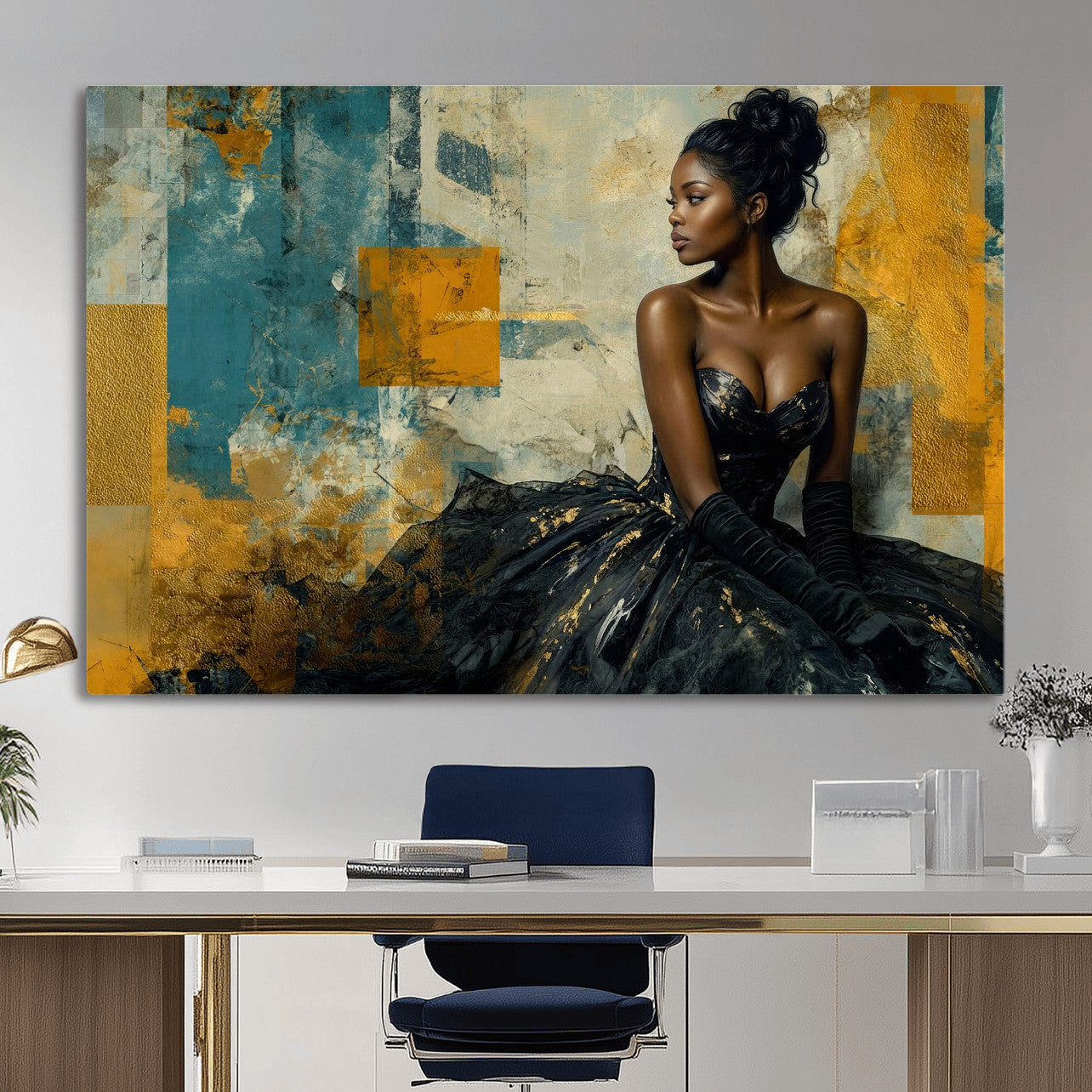 4712069Z21-MGV-CV-36X24 - Elegant Woman Canvas Wall Art — Black Gold Gown Fashion Print | Luxury Glam Wall Decor | African American Art | Bold Bedroom Wall Art Gift