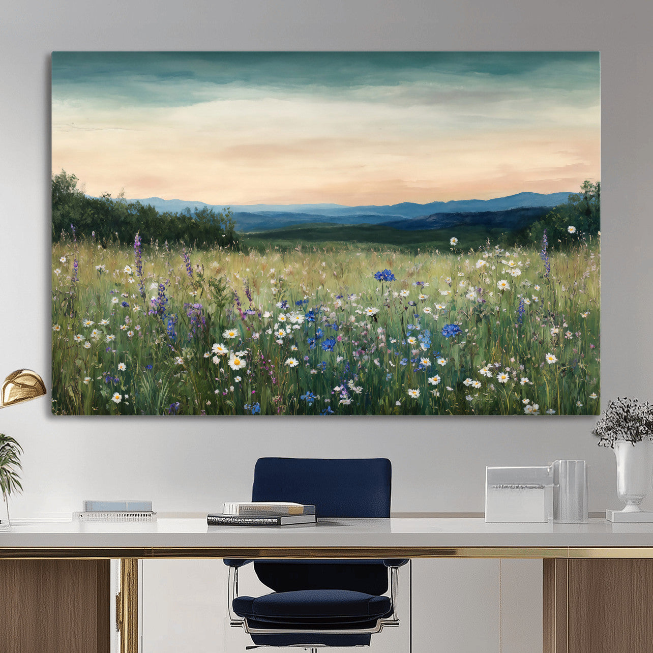 35773805-MGV-CV-36X24 - Wildflower Meadow Oil Painting Canvas — Daisy Lavender Mountain Sunset Print | Cottagecore Floral Wall Art | Bedroom Decor Gift for Her