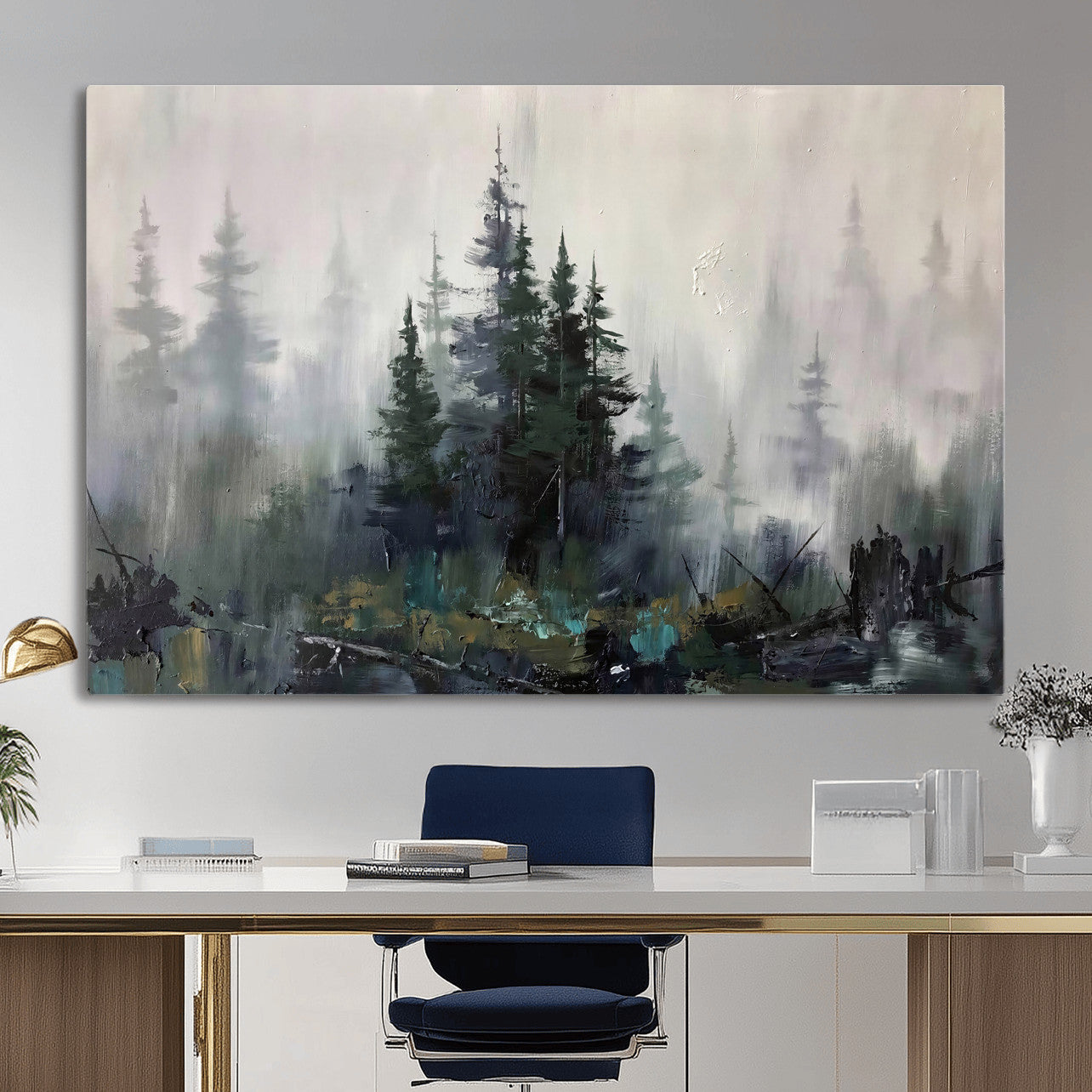 94143325-MGV-CV-36X24 - Misty Pine Forest Oil Painting Canvas — Dark Moody Teal Grey Tree Print | Japandi Scandinavian Wall Art | Minimalist Nature Decor Gift
