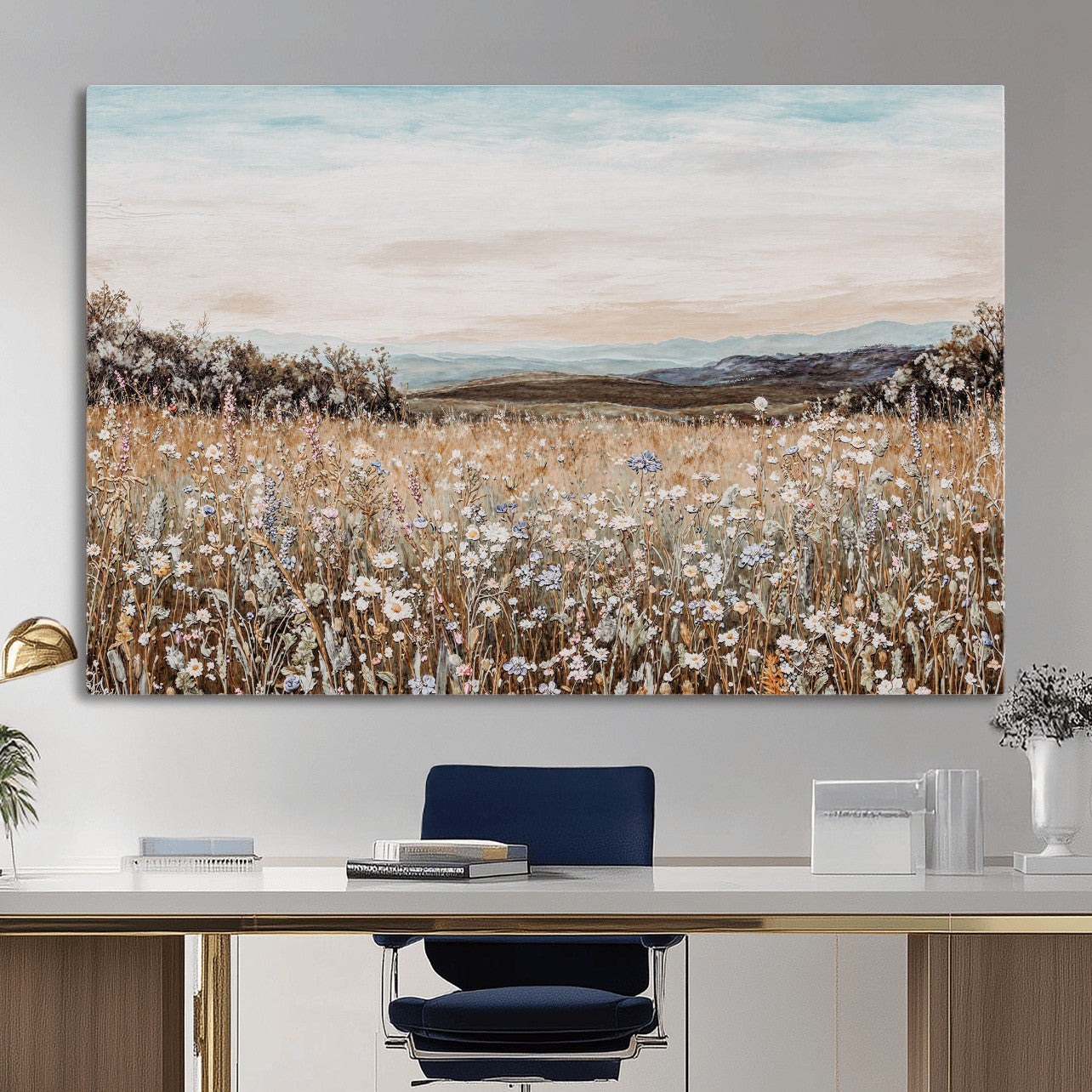 F35773805-MGV-CV-36X24 - Neutral Wildflower Field Canvas Wall Art — Beige Earth Tone Botanical Meadow Print | Farmhouse Boho Decor | Bedroom Living Room Gift Her