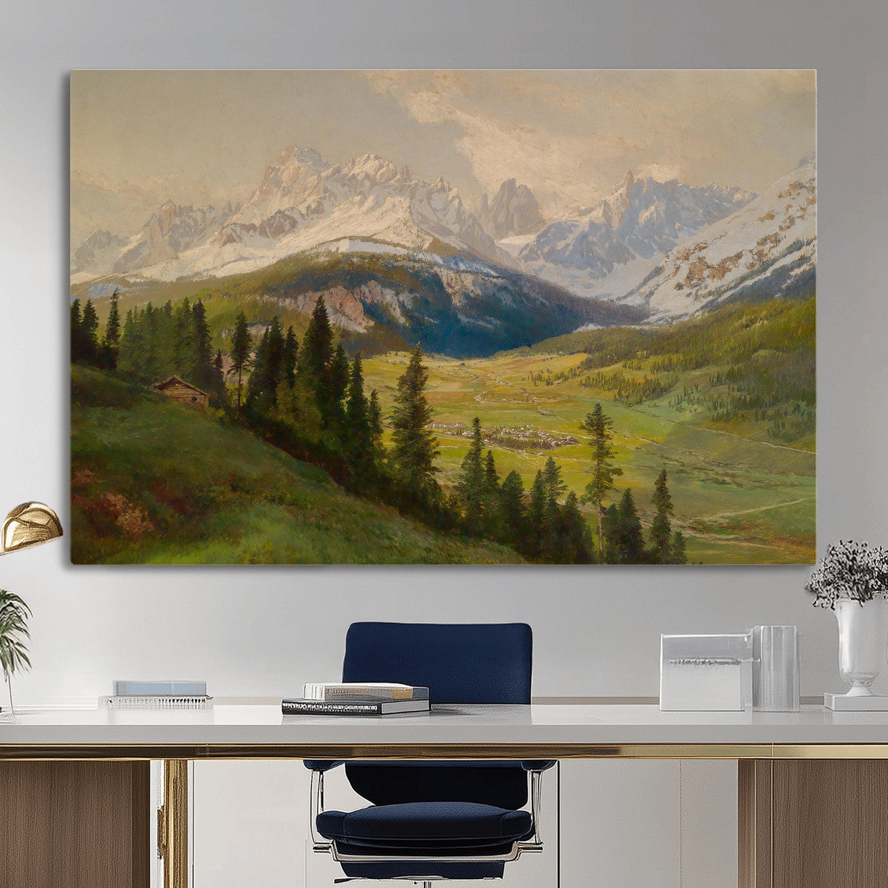 23120262-MGV-CV-36X24 - Konrad Petrides Sexten Village Canvas Print, Alpine Mountain Valley Painting, Dolomites Landscape Art