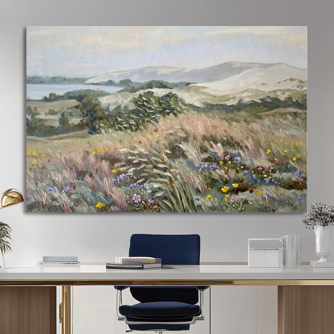 18013232-MGV-CV-36X24 - Katie Staples Hillside Canvas Wall Art — Coastal Wildflower Dune Oil Painting Print | Muted Green Nature Decor | Plein Air Landscape Gift