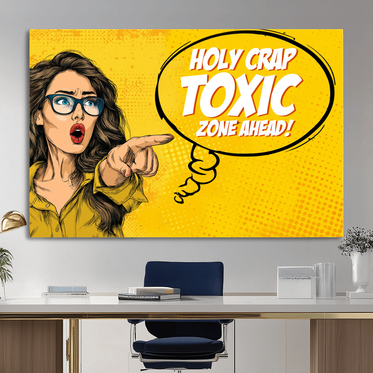 79751885-MGV-CV-36X24 - Pop Art Print Bathroom Sign Wall Art Canvas Print — Funny Bathroom Canvas | Comic Style Toilet Wall Decor | Humor Gift | Yellow Bold Bathroom Art