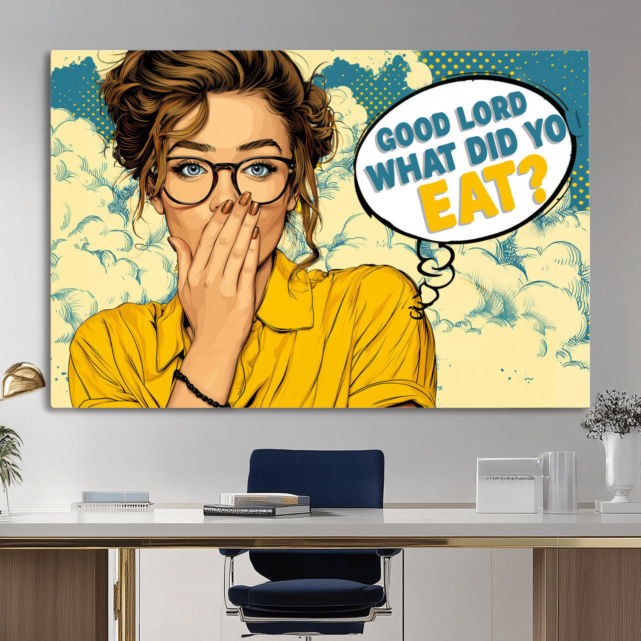 35819669-MGV-CV-36X24 - Pop Art Print Bathroom Sign Wall Art Canvas Print — Funny Bathroom Canvas | Comic Style Toilet Wall Decor | Humor Gift | Yellow Bold Bathroom Art