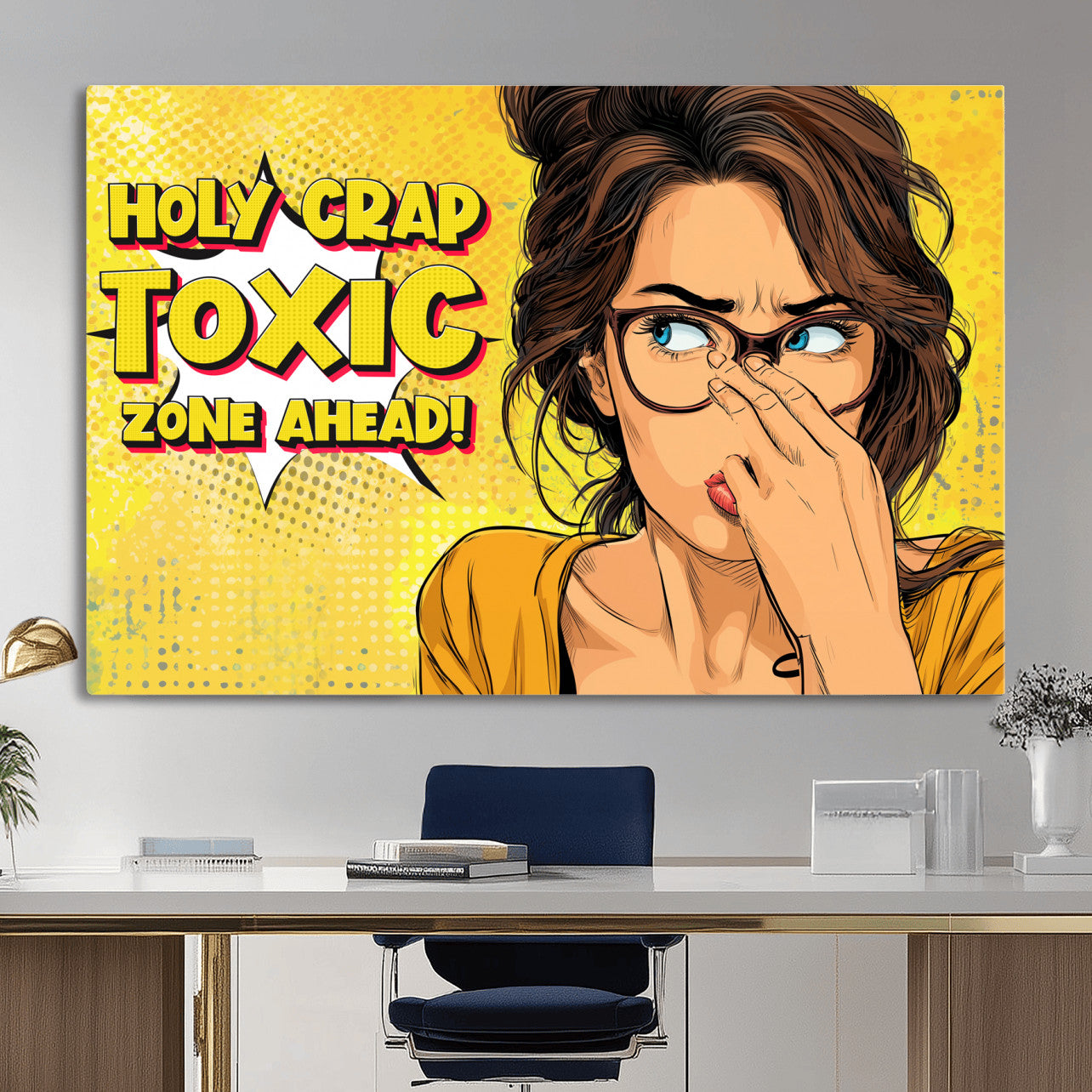 96263876-MGV-CV-36X24 - Pop Art Print Bathroom Sign Wall Art Canvas Print — Funny Bathroom Canvas | Comic Style Toilet Wall Decor | Humor Gift | Yellow Bold Bathroom Art