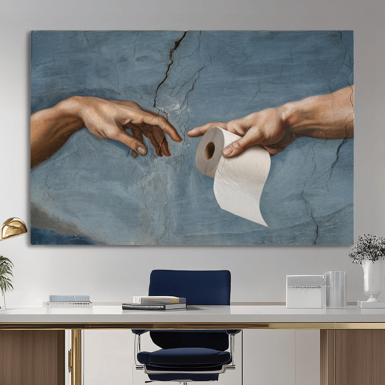 42648143-MGV-CV-36X24 - Funny Bathroom Canvas Wall Art, Michelangelo Creation of Adam Toilet Paper Parody, Renaissance Humor Print, Quirky Housewarming Gift, Toilet Room Decor