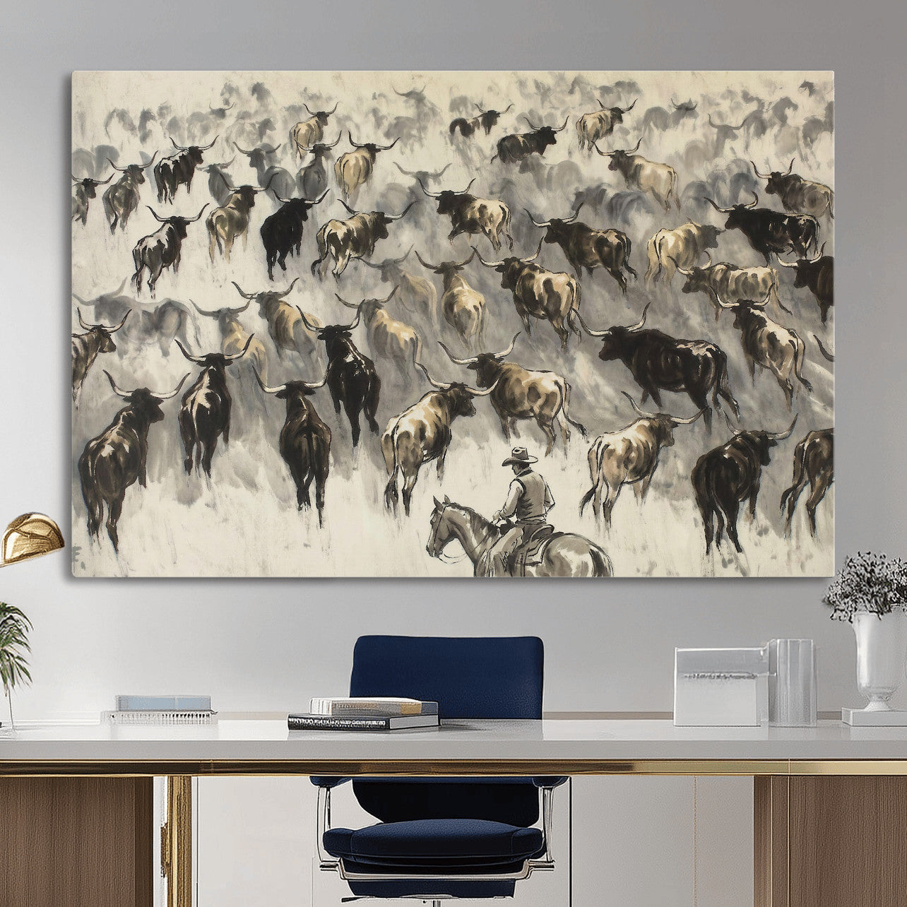48049876-MGV-CV-36X24 - Cowboy Cattle Drive Canvas Wall Art, Western Longhorn Herd Ink Painting Print, Ranch Rodeo Decor, Black White Western Art, Large Living Room Art