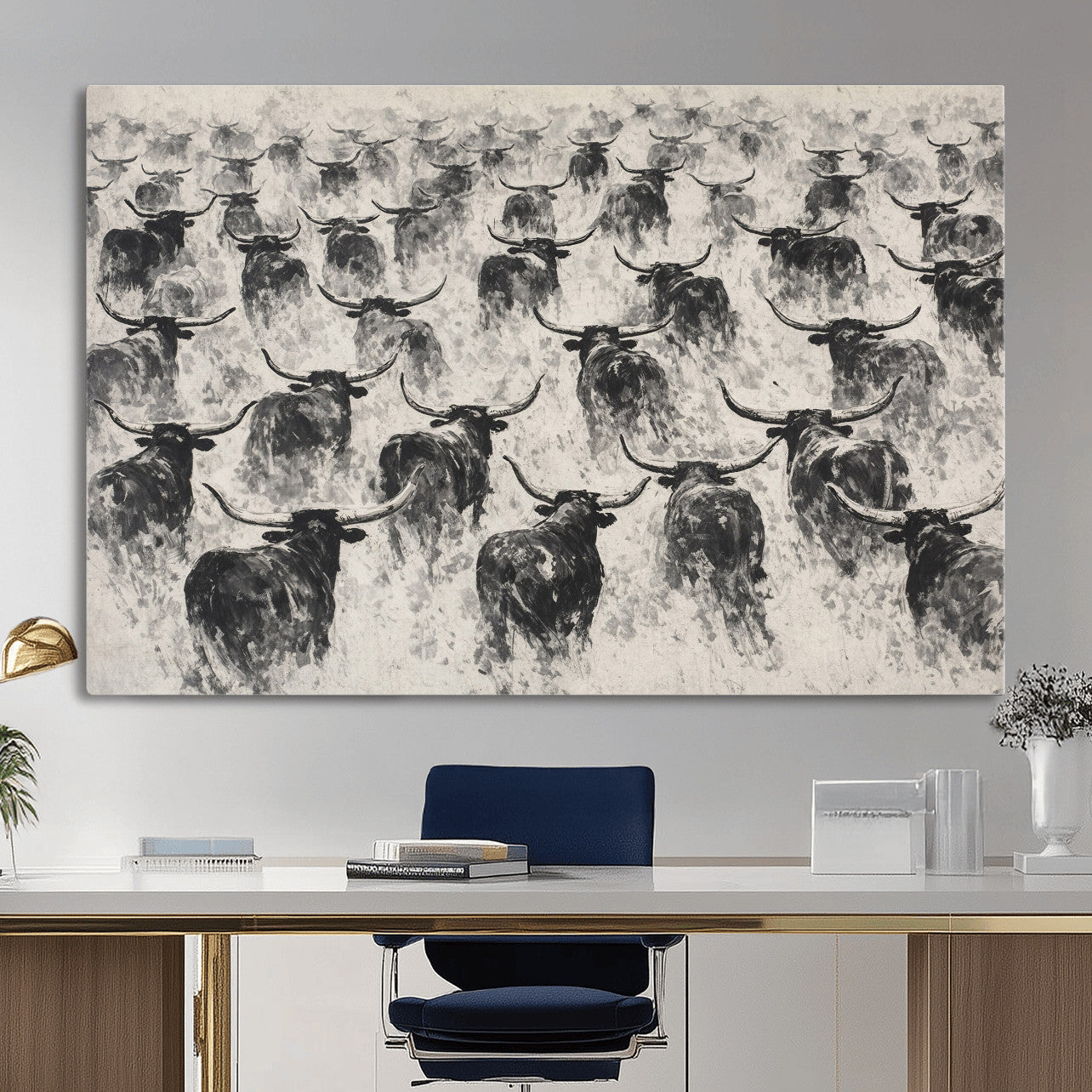 73328525-MGV-CV-36X24 - Texas Longhorn Drawing Canvas Wall Art, Western Cattle Stampede Painting Print, Warm Amber Ranch Decor, Rustic Cowboy Home Art, Large Living Room Decor