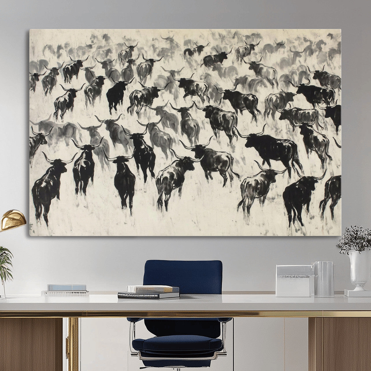 68669792-MGV-CV-36X24 - Longhorn Cattle Canvas Wall Art, Black White Stampede Ink Painting Print, Western Farmhouse Decor, Bull Herd Art, Large Living Room Wall Art, Ranch Home Decor