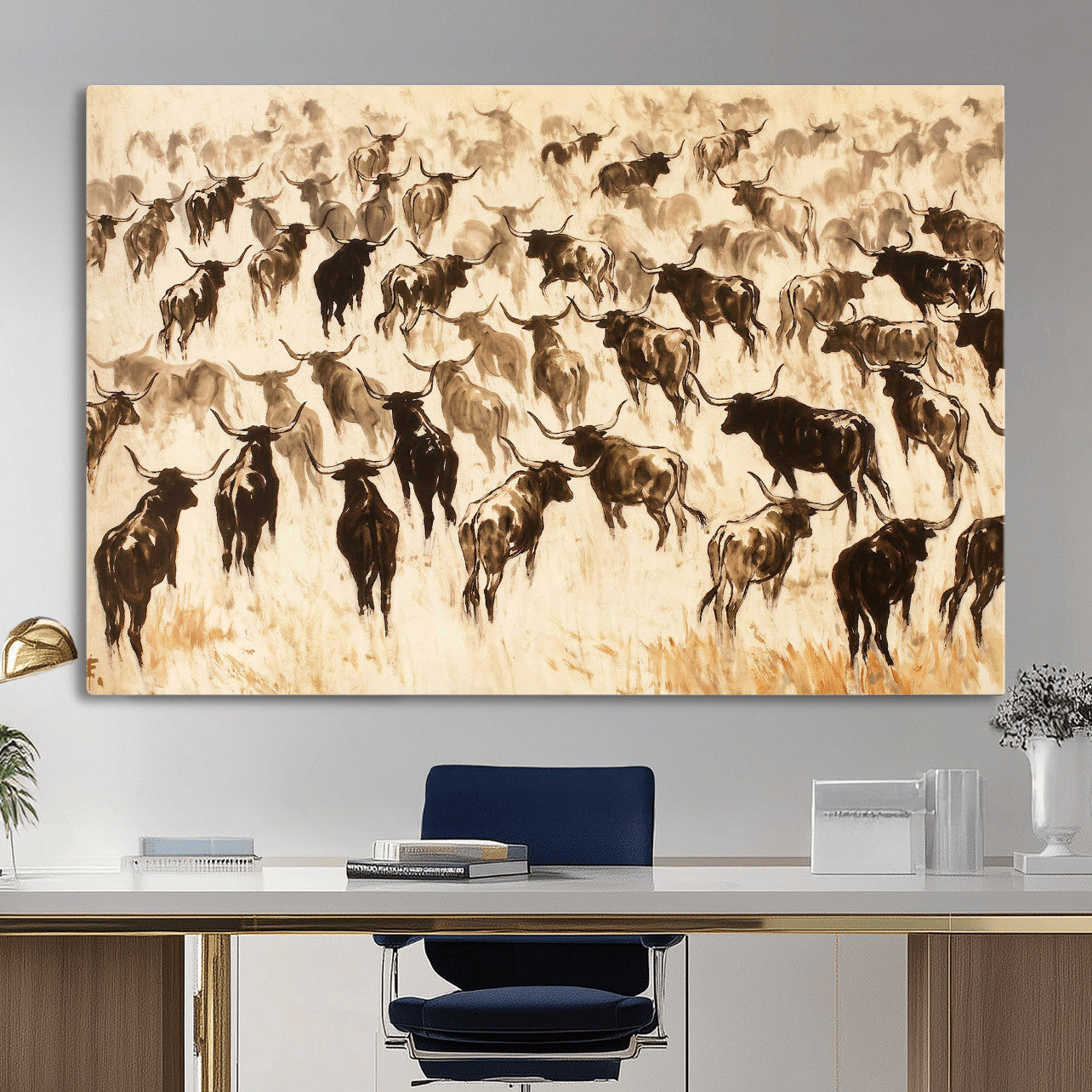 39077774-MGV-CV-36X24 - Texas Longhorn Sepia Canvas Wall Art, Western Cattle Stampede Painting Print, Warm Amber Ranch Decor, Rustic Cowboy Home Art, Large Living Room Decor