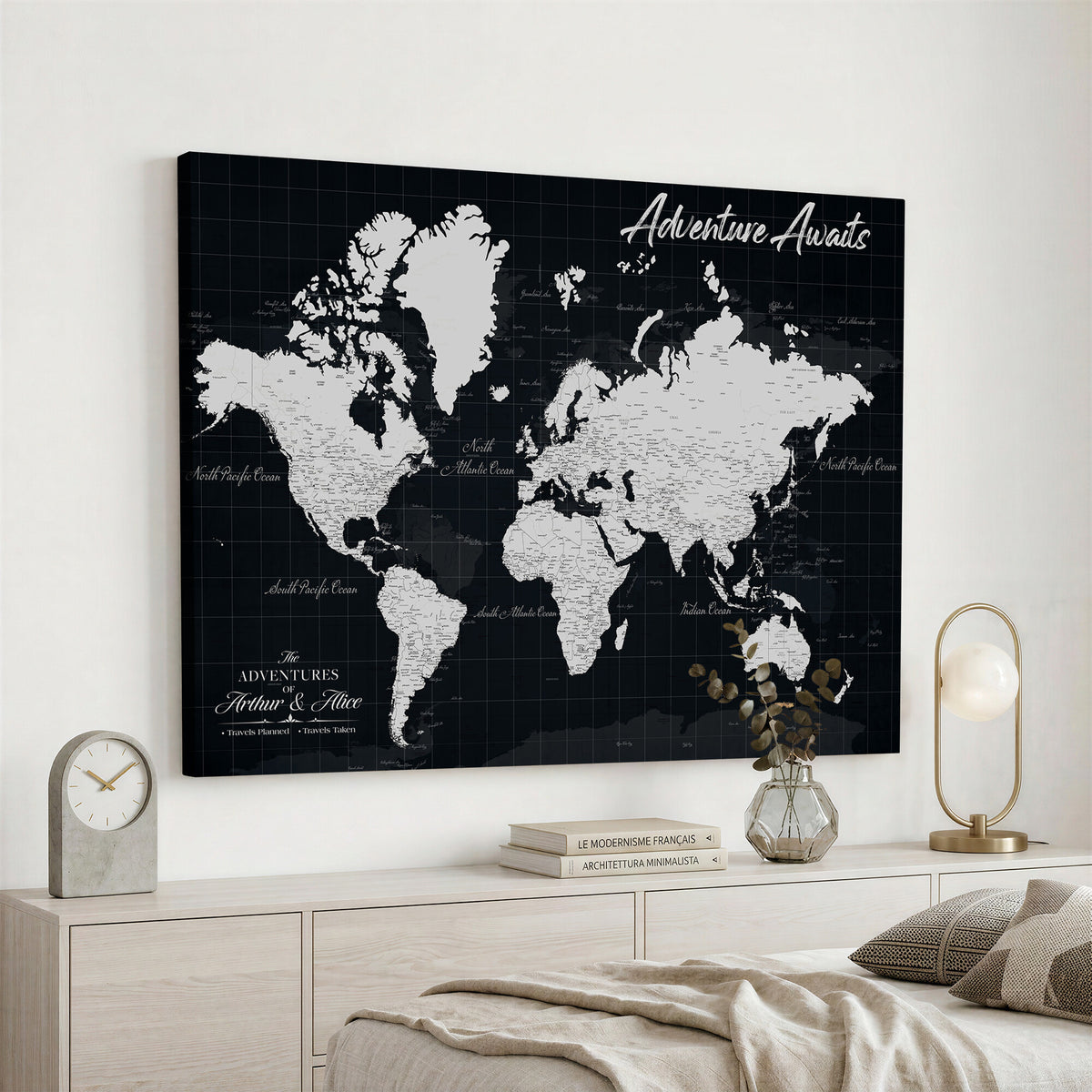 19855445B-MGV-CV-36X24 - Personalized Black Push Pin Travel Map Canvas Print, Couples Countries Visited Map, Entryway and Hallway Decor
