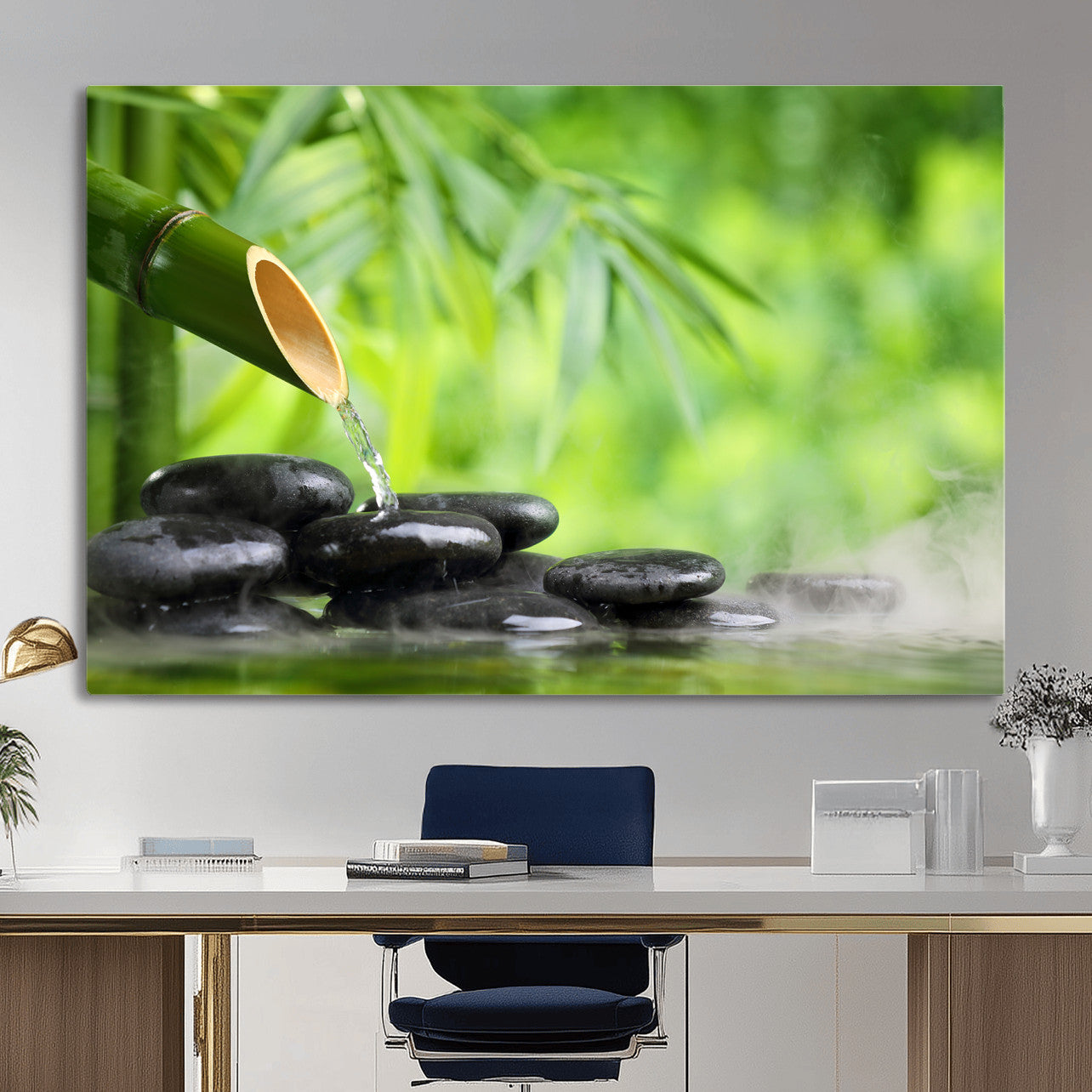 26961320-MGV-CV-36X24 - Bamboo Water Flow Black Stone Canvas | Zen Spa Nature Photography Print | Green Mist Japanese Garden Wall Art | Tranquil Decor