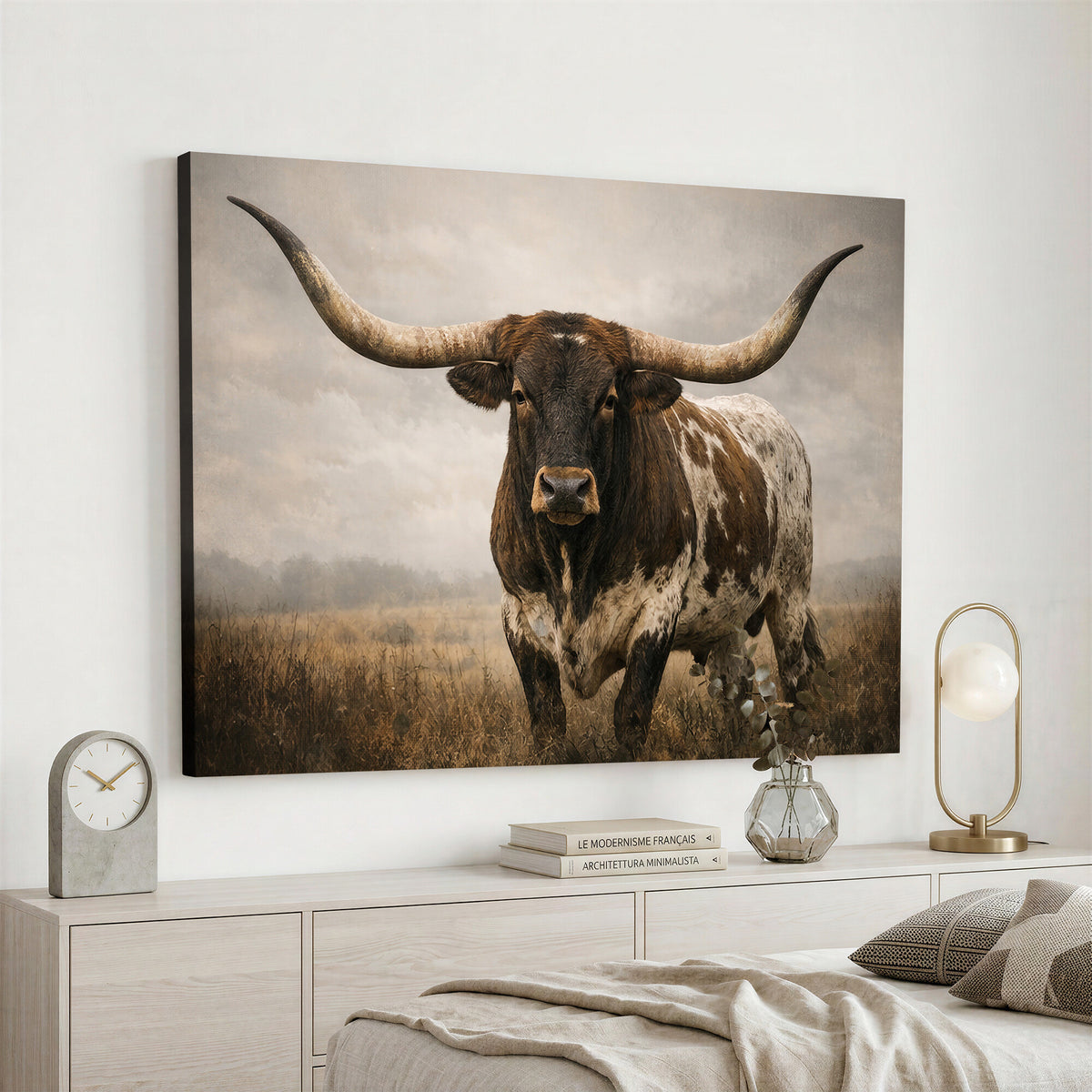 17622011L-_Poster-30x20 - Longhorn Bull Wall Art Canvas Print, Western Farmhouse Decor