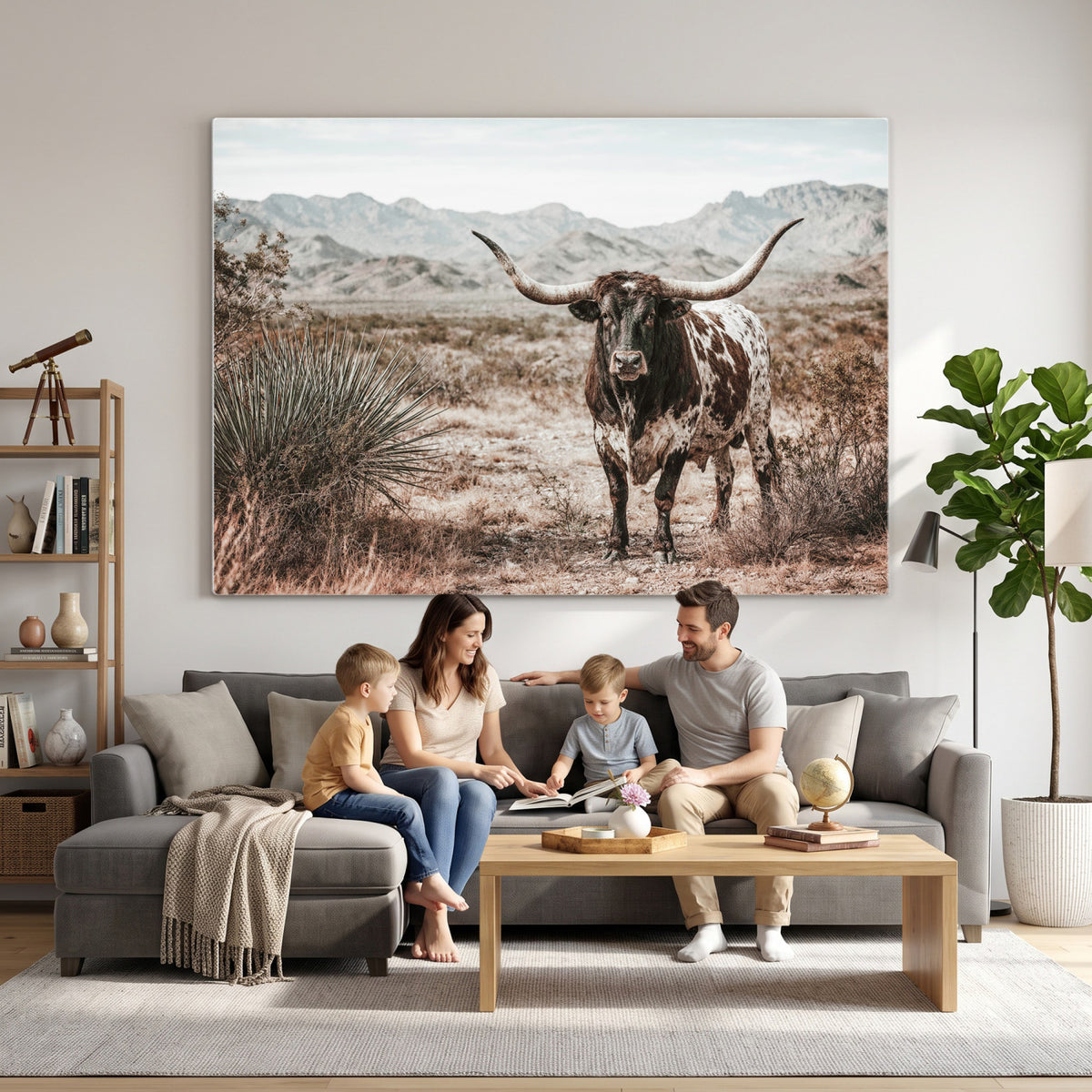17622011H-MGV-CV-36X24 - Texas Longhorn Bull Wall Art Canvas Print, Western Farmhouse Cowboy Decor, Rustic Texas Ranch Cattle Artwork for Living Room Bedroom Office, Framed Wall Decor