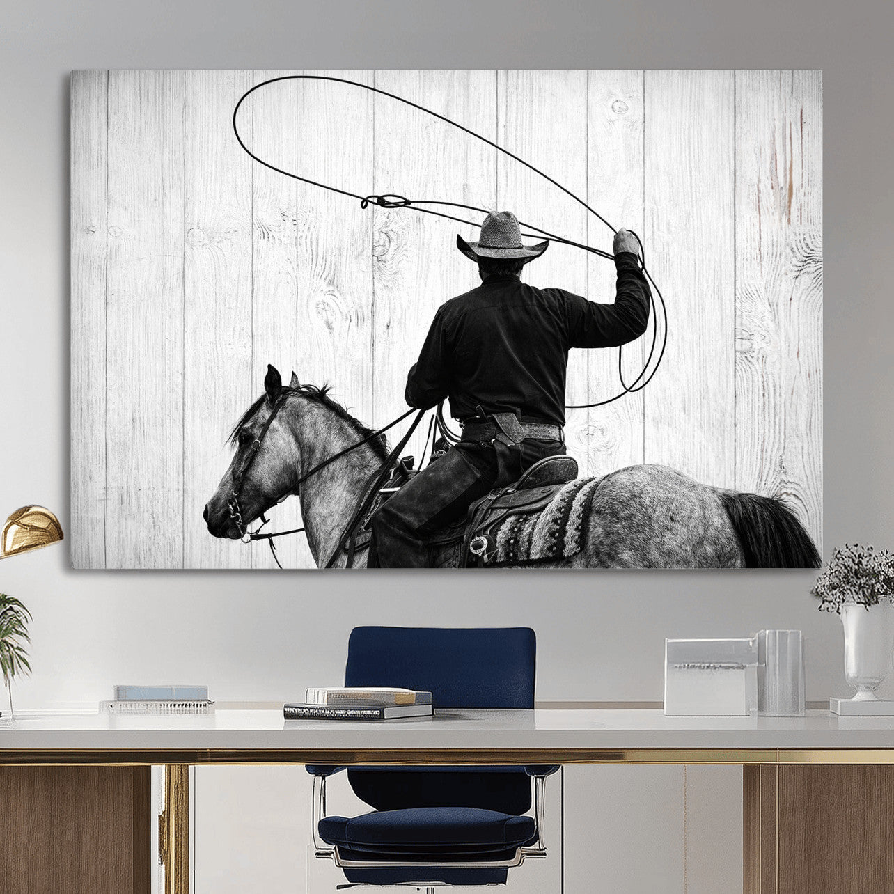 22569358-MGV-CV-36X24 - Cowboy Lasso Canvas Wall Art, Black White Western Horse Photo Print, Rustic Ranch Rodeo Decor, Farmhouse Western Art, Cowboy Gift for Him