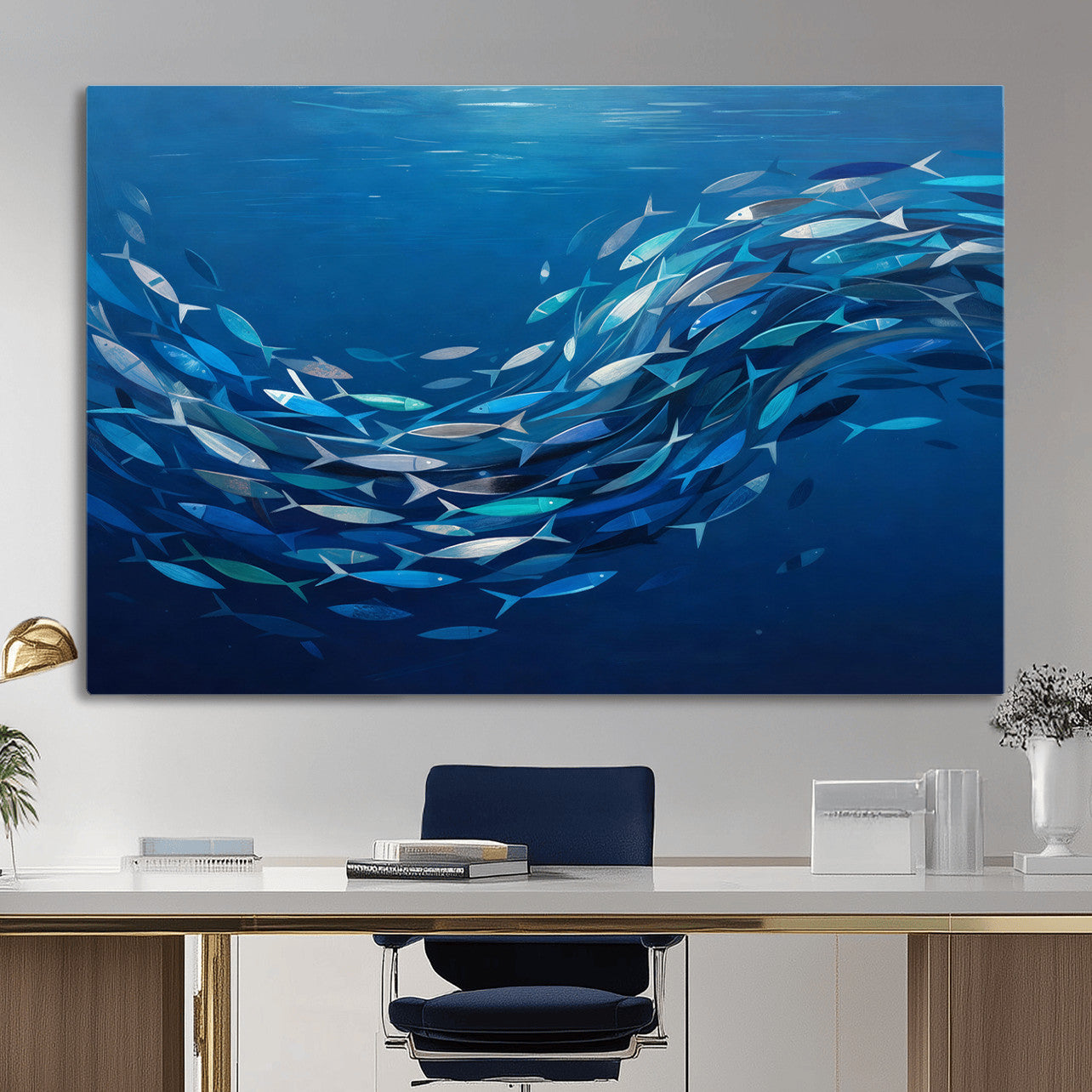 74325132-MGV-CV-36X24 - School of Fish Canvas Print | Blue Ocean Underwater Wall Art | Swirling Fish Shoal Illustration | Marine Navy Coastal Decor