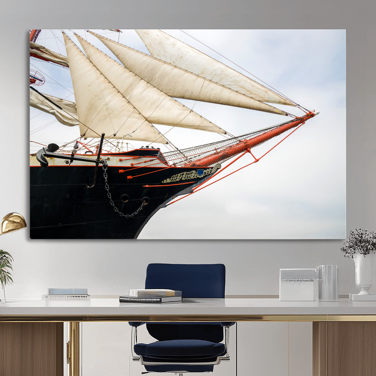 64830036-MGV-CV-36X24 - Sailboat Wall Art Canvas Print, Vintage Ship Bow Framed Artwork, Nautical Sailing Decor for Living Room Office Beach House