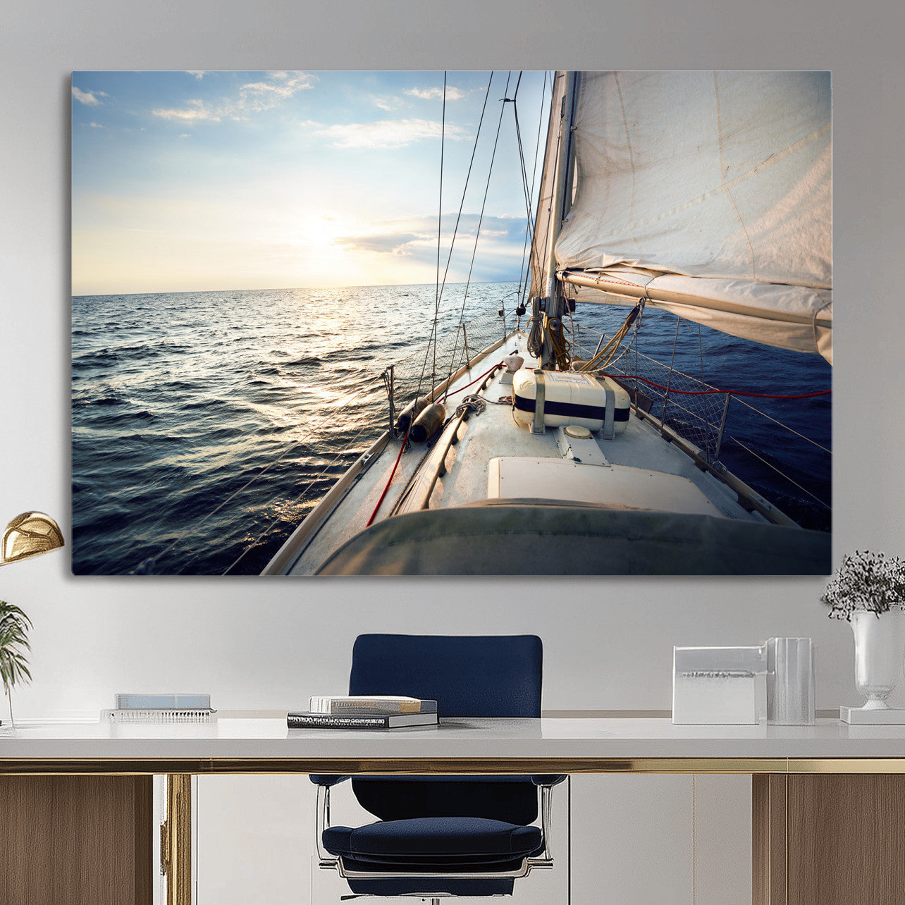 76381335-MGV-CV-36X24 - Sailboat Wall Art Canvas Print, Ocean Sunset Sailing Framed Artwork, Coastal Nautical Seascape Decor for Living Room Office Beach House