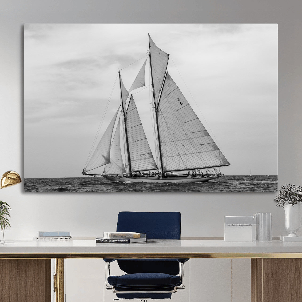 52882918-MGV-CV-36X24 - Vintage Sailboat Wall Art Canvas Print, Black and White Schooner Framed Artwork, Nautical Ocean Sailing Decor for Living Room Office Beach House