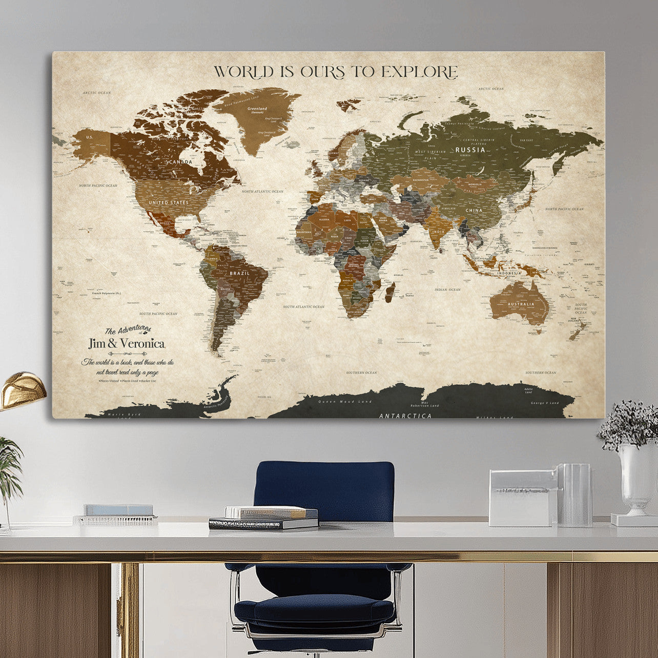64110391126O-MGV-CV-36X24 - Custom Push Pin World Map Wall Art Canvas Print – Personalized Travel Tracker with Pins Framed Large for Home and Office Decor