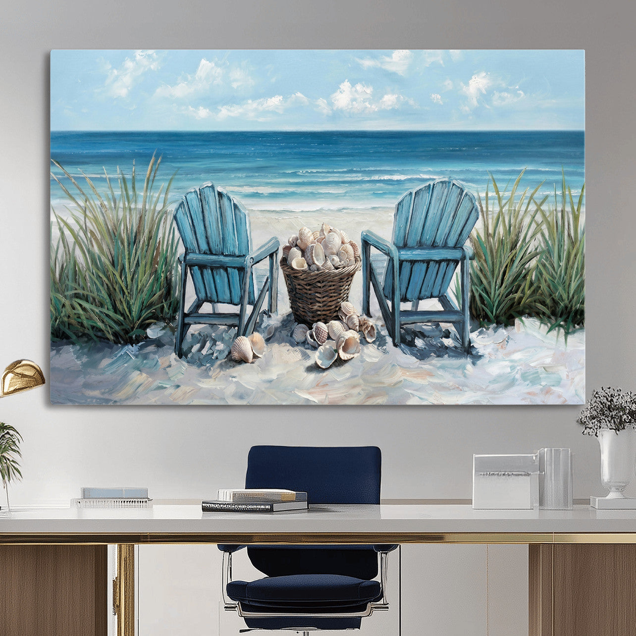 11973028-MGV-CV-36X24 - Beach Canvas Wall Art Coastal Adirondack Chairs Ocean Seashells Blue Nautical Framed Large for Living Room Bedroom Bathroom Decor