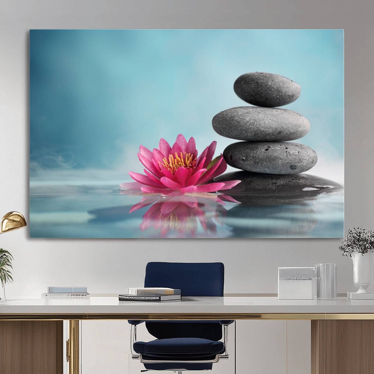 84293154-MGV-CV-36X24 - Zen Canvas Wall Art Lotus Flower Stacked Stones Teal Spa Meditation Relaxation Framed Large for Bathroom Bedroom Living Room Office Decor