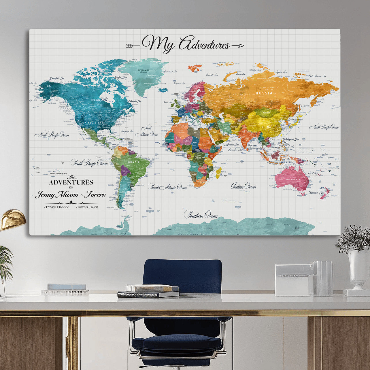 56239817-MGV-CV-36X24 - Custom Push Pin Watercolor World Map Canvas Wall Art Print – Abstract Colorful Travel Wall Decor