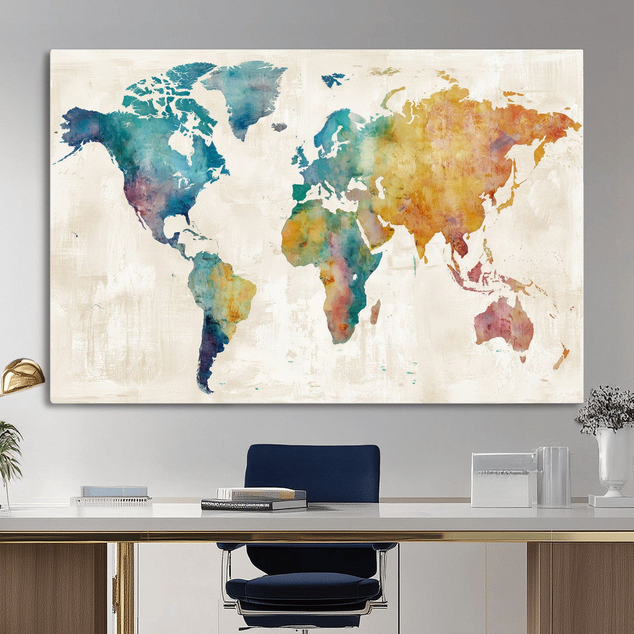 56556018-MGV-CV-36X24 - Watercolor World Map Canvas Wall Art Print – Abstract Colorful Travel Wall Decor