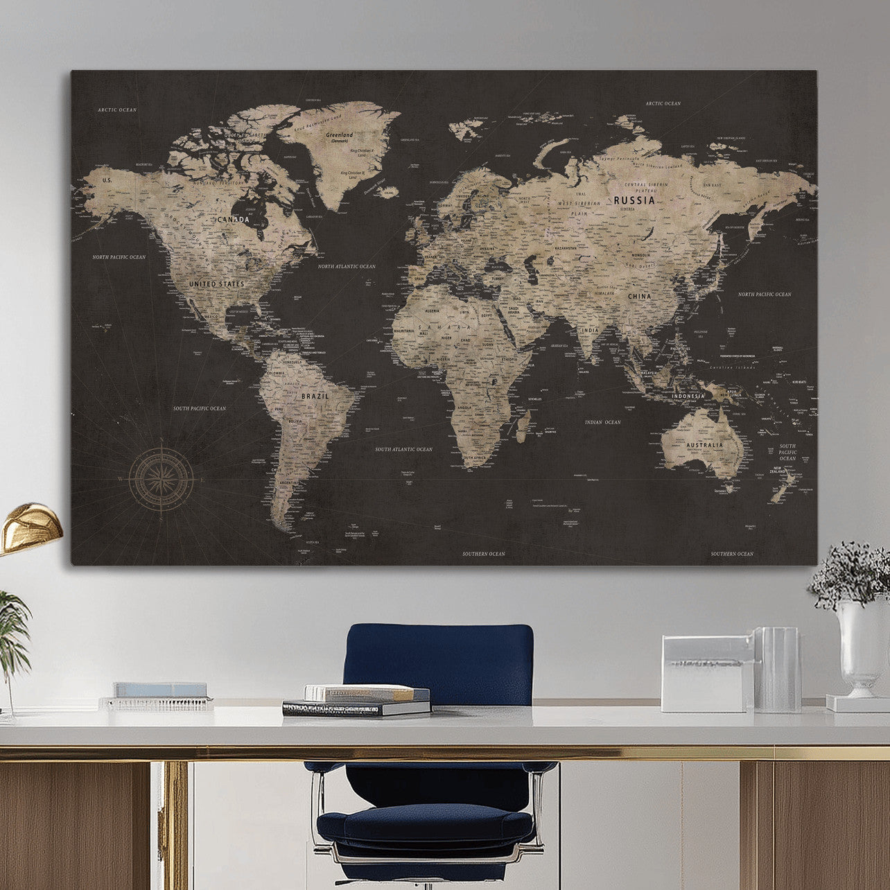 56556018136-MGV-CV-36X24 - World Map Canvas Wall Art Dark Charcoal Antique Tan Detailed Every Country Labeled Framed Large for Home Office Living Room Bedroom Decor