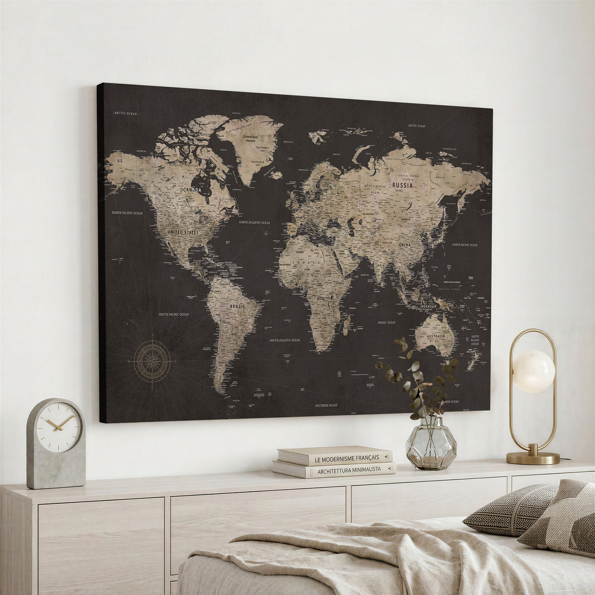 56556018136-MGV-CV-36X24 - World Map Canvas Wall Art, Dark Charcoal and Antique Tan Detailed Map