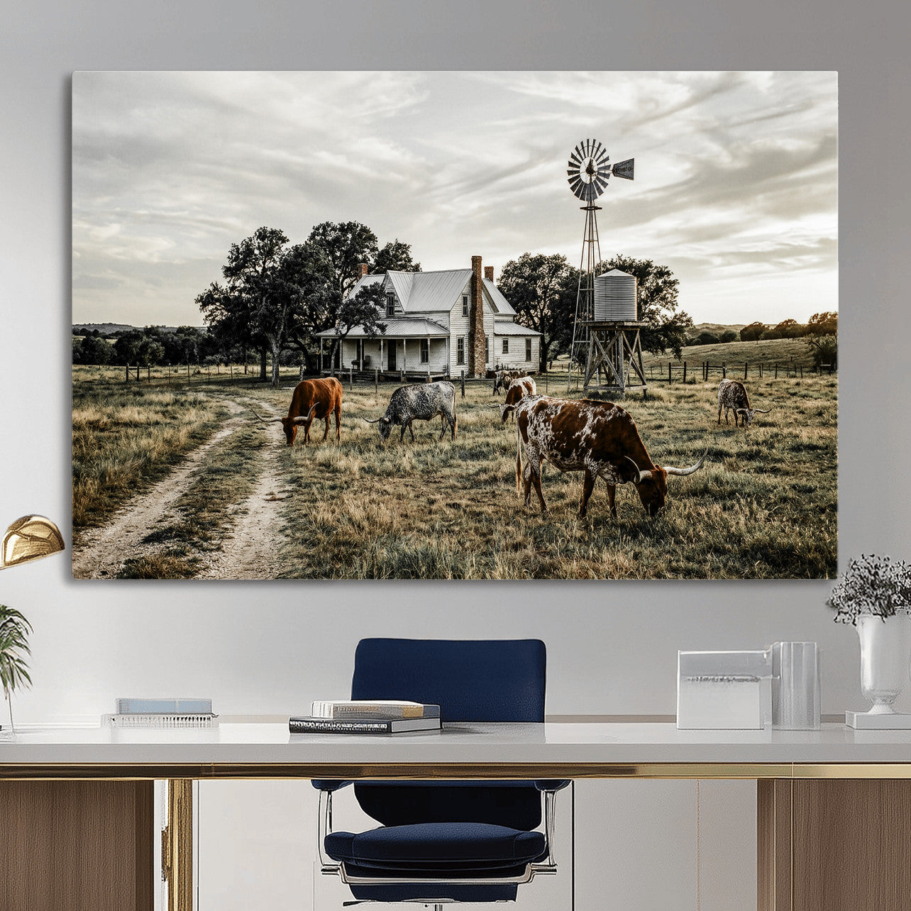 92429425-MGV-CV-36X24 - Texas Longhorn Ranch Wall Art Canvas Print, Rustic Western Farmhouse Decor, Country Landscape Canvas Wall Art, Vintage Cowboy Ranch Picture