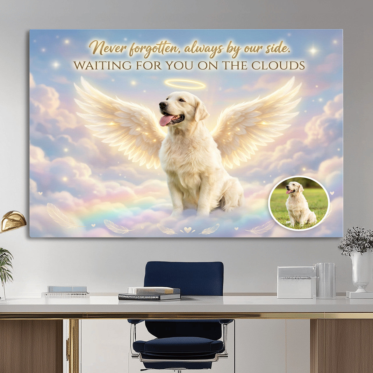 89664149-MGV-CV-36X24 - Pet Memorial Wall Art Canvas Print, Custom Dog Memorial Portrait, Personalized Angel Pet Loss Gift, Angel Wings Puppy Print