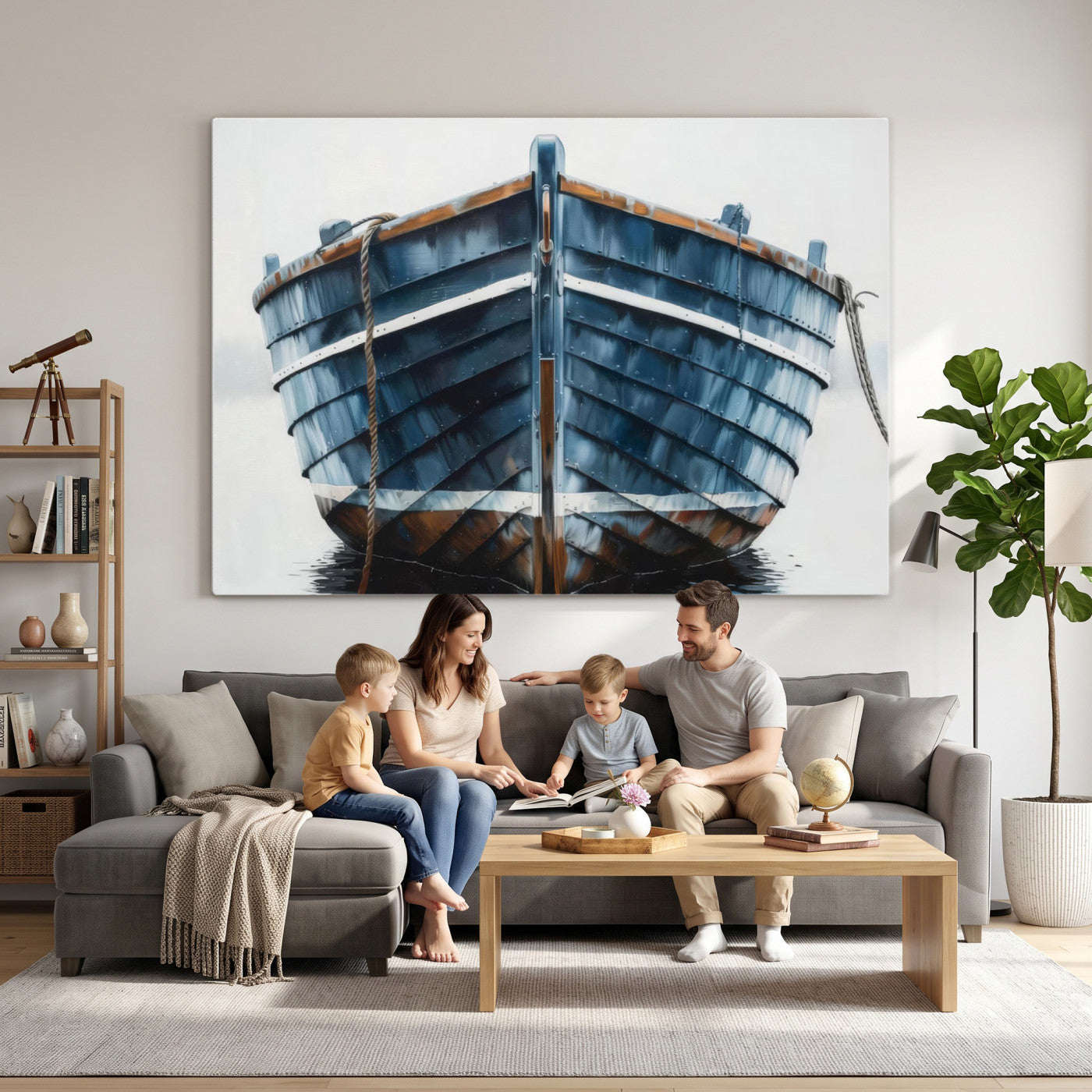 21601740-MGV-CV-36X24 - Blue Wooden Rowboat Canvas Wall Art, Coastal Nautical Boat Painting Print for Lake Beach House Decor, Minimalist Maritime Decor Artwork