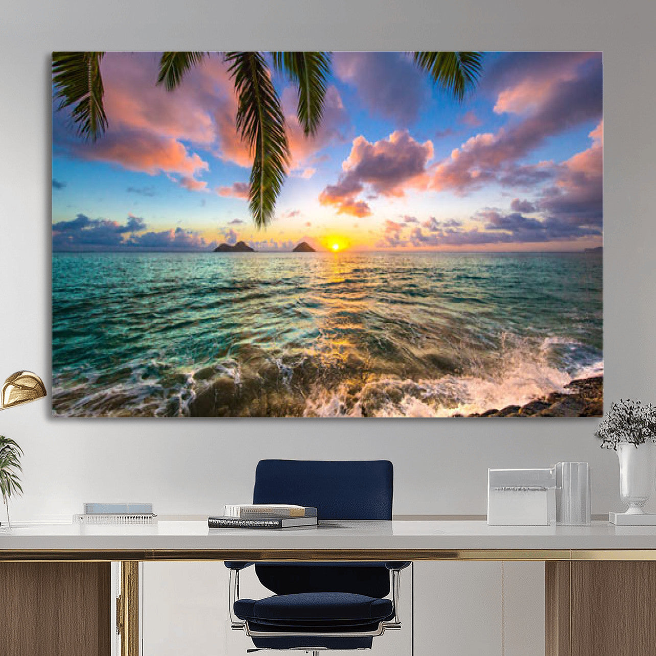 13207742-MGV-CV-36X24 - Hawaii Beach Sunset Canvas Wall Art Print, Tropical Ocean Landscape Artwork, Palm Tree Coastal Decor for Living Room Bedroom