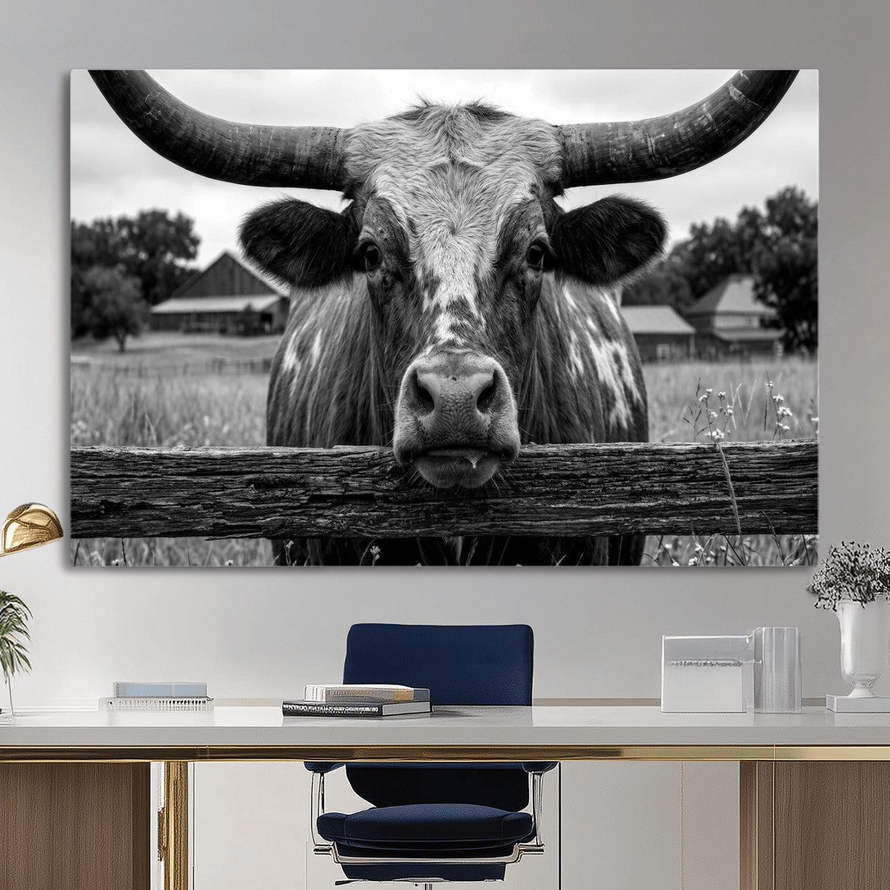 59378683B-MGV-CV-36X24 - Black White Texas Longhorn Bull Canvas Wall Art, Western Ranch Cattle Photography Print, Rustic Farmhouse Cowboy Decor Artwork