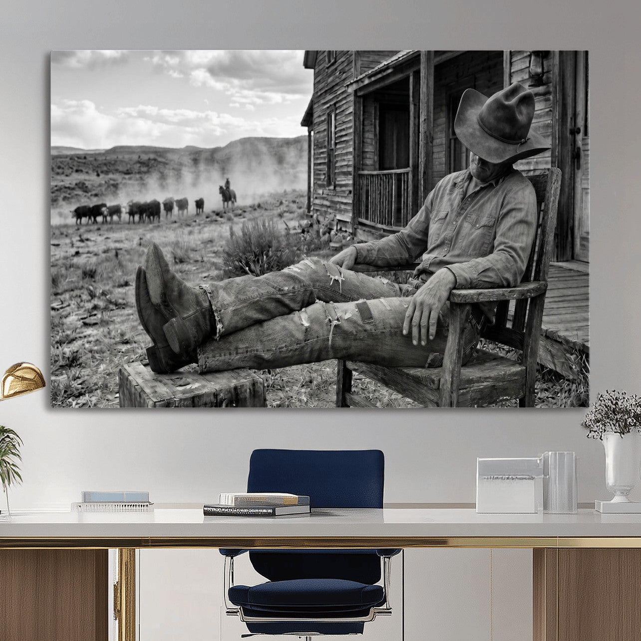 94461975S-MGV-CV-36X24 - Vintage Sleeping Cowboy Wall Art Canvas Print, Western Home Decor