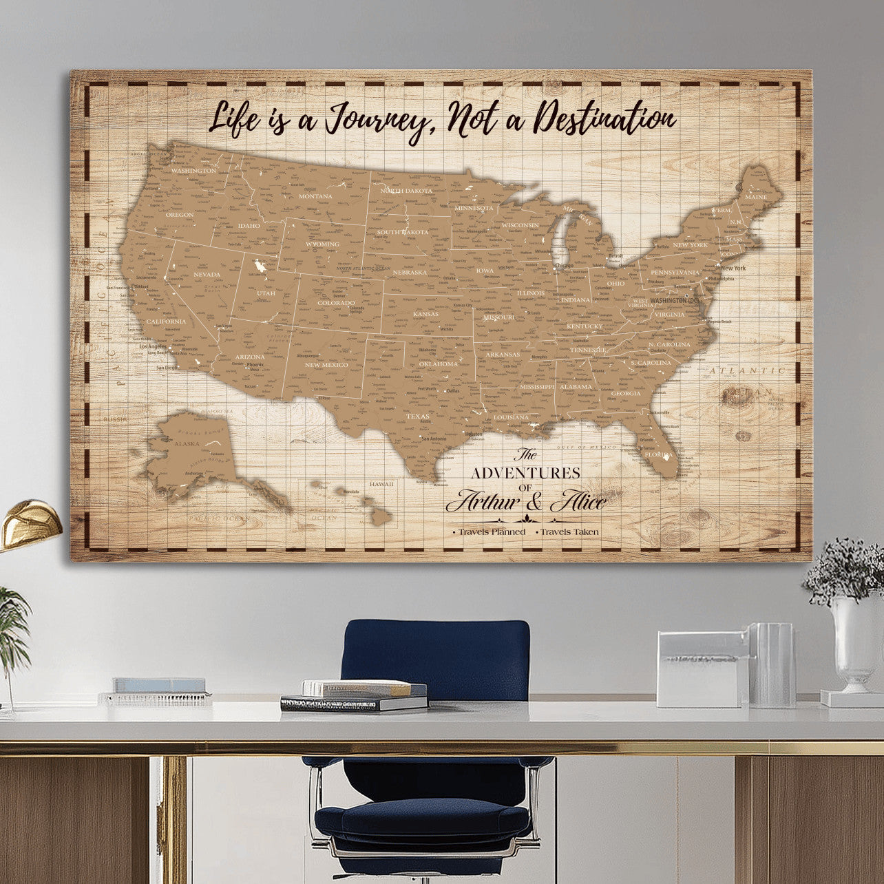 19102499-MGV-CV-36X24 - Personalized USA Push Pin Travel Map, Custom United States Map, Push Pin Map, USA Bucket List Map, Anniversary Gift | Couple Travel Map Wall Art