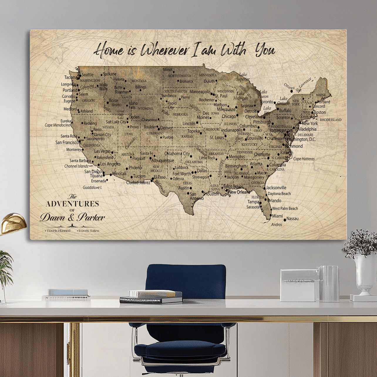 19102499U-MGV-CV-36X24 - Personalized USA Push Pin Travel Map Canvas for Adventure Wall Decor