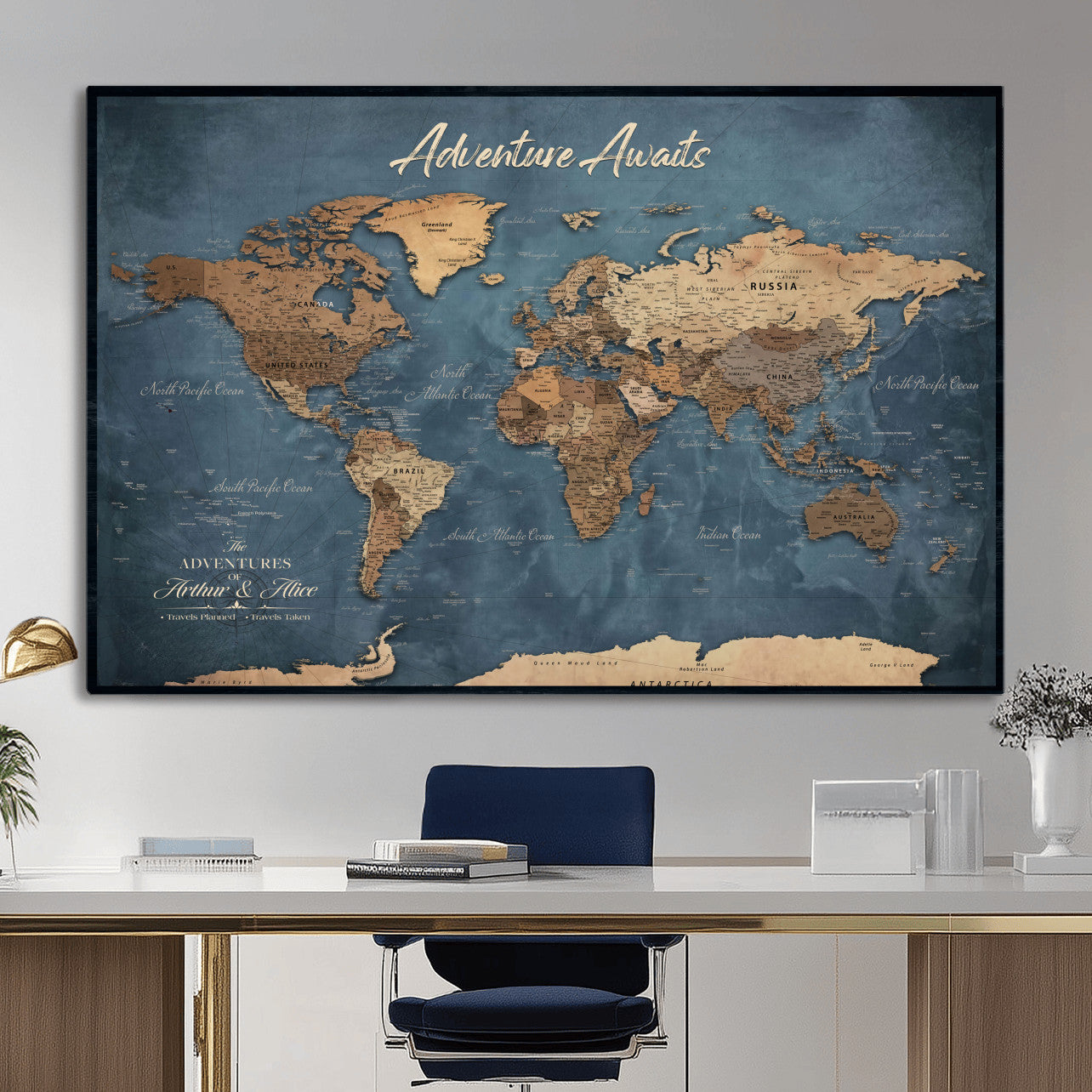 14637271-MGV-CV-36X24 - Custom Push Pin World Map Canvas | Personalized Travel Tracker | Wedding Anniversary Gift for Couples | Adventure Map Wall Art with Pins