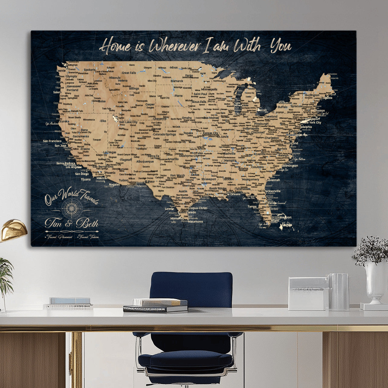 48467834-MGV-CV-36X24 - Custom Push Pin US Map Canvas | Personalized Travel Tracker | USA Cities Map Anniversary Gift for Couples | Adventure America Map Wall Art with Pins